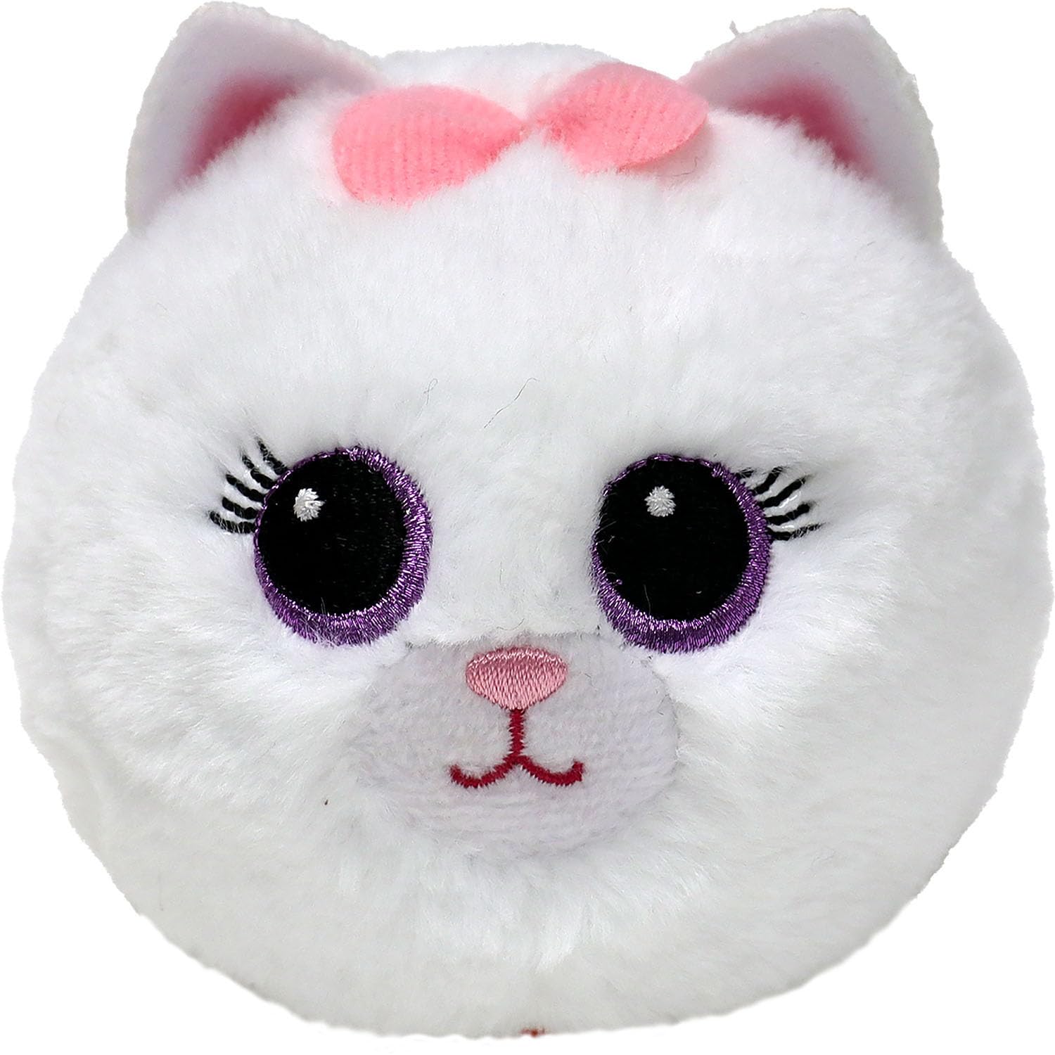 TY Purdy Cat Bouncer Plush – Soft White Kitty Stuffed Toy with Pink Bow & Embroidered Eyes – Adorable Round Cat Plushie for Kids, Toddlers & Collectors