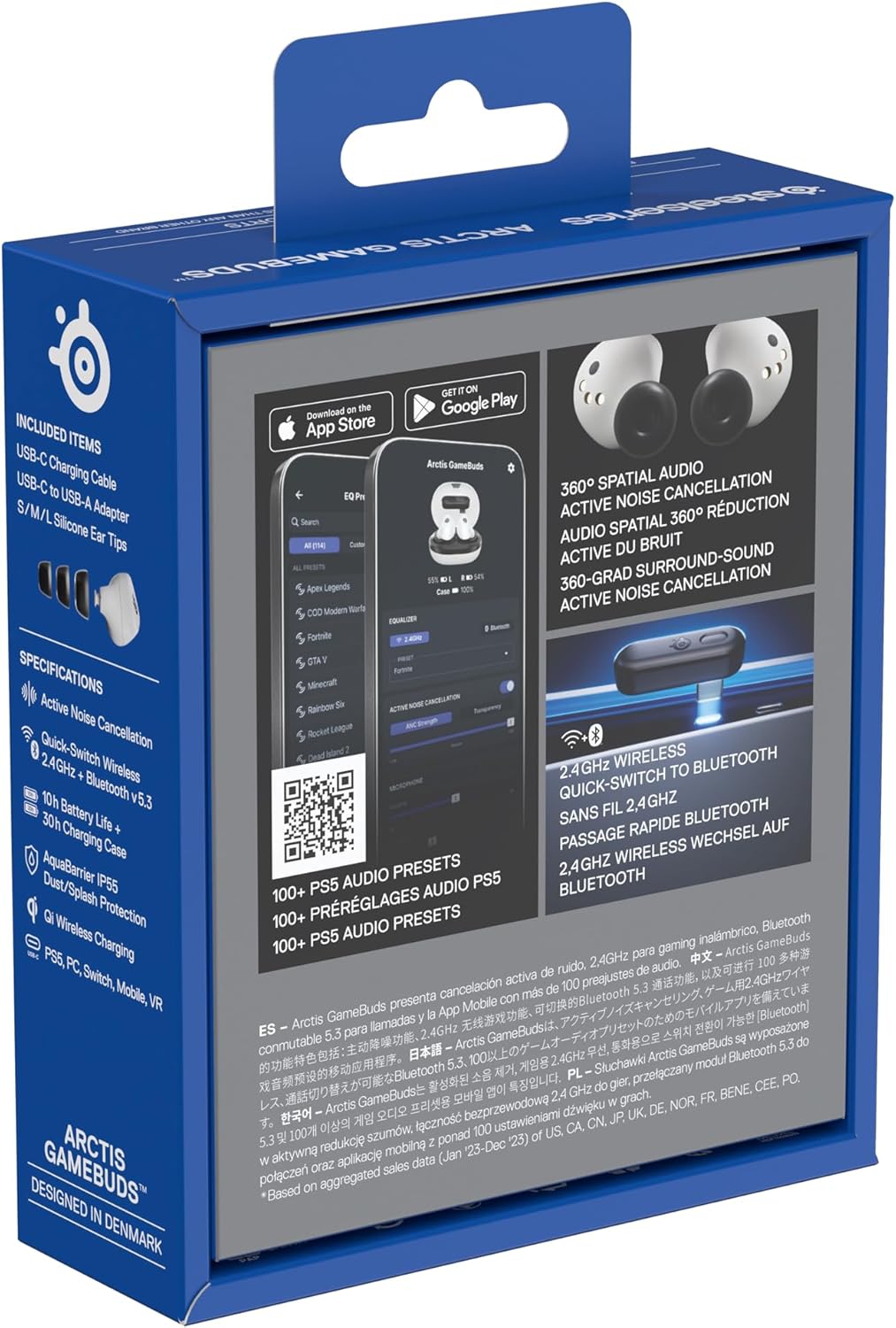 SteelSeries Arctis GameBuds™ per PlayStation - Auricolari da gioco senza fili - 2.4GHz + BT 5.3 - ANC/Trasparenza - Resistente all'acqua IP55 - Batteria 40H - Ricarica wireless - PS5,PC,Mobile -Bianco