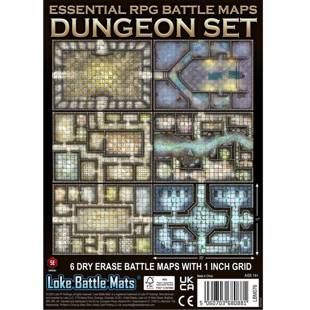 Loke BattleMats Essential Roleplay Game Battle Maps Dungeon Set | Accessory, Compatible with 5E and Fantasy RPG, 6 Modular Dungeon Maps Dry Erase, 3 Double-Sided Folding Sheets
