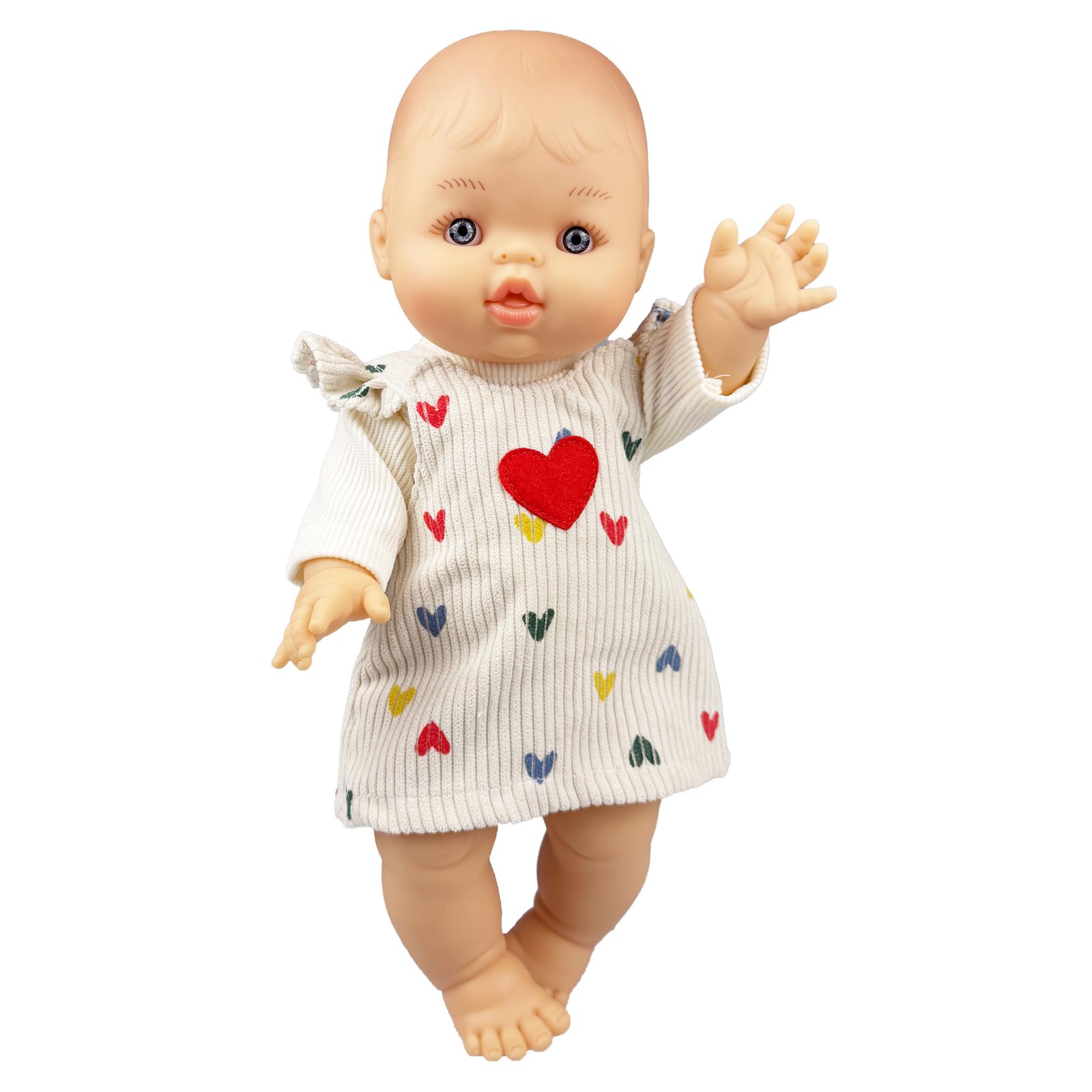 Heless 54035 - Poppenset met Gordi meisje pop en beige ribfluwelen jurk hart confetti met rood hart, maat ca. 34 cm