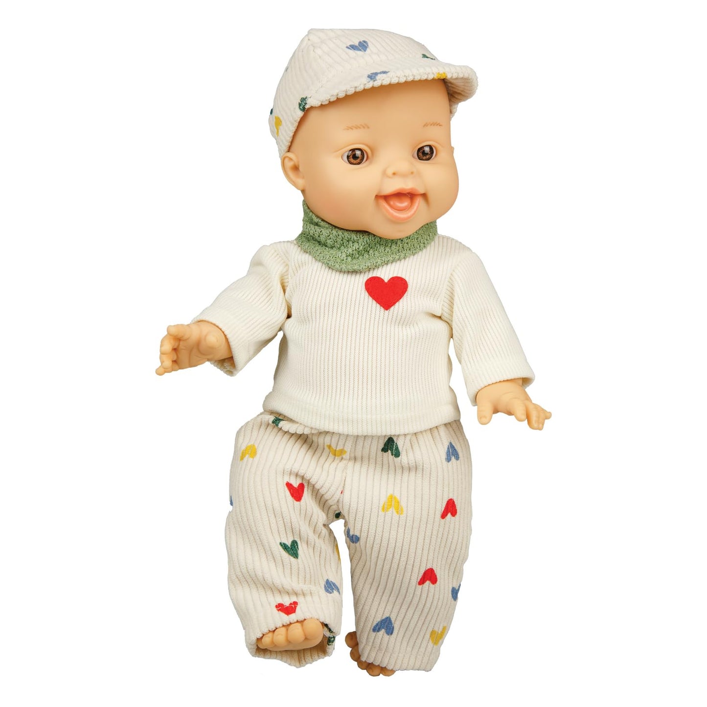Heless 54036 - Poppenset met Gordi jongenspop en outfit met corduroy broek hart confetti, shirt en groene sjaal, maat ca. 34 cm