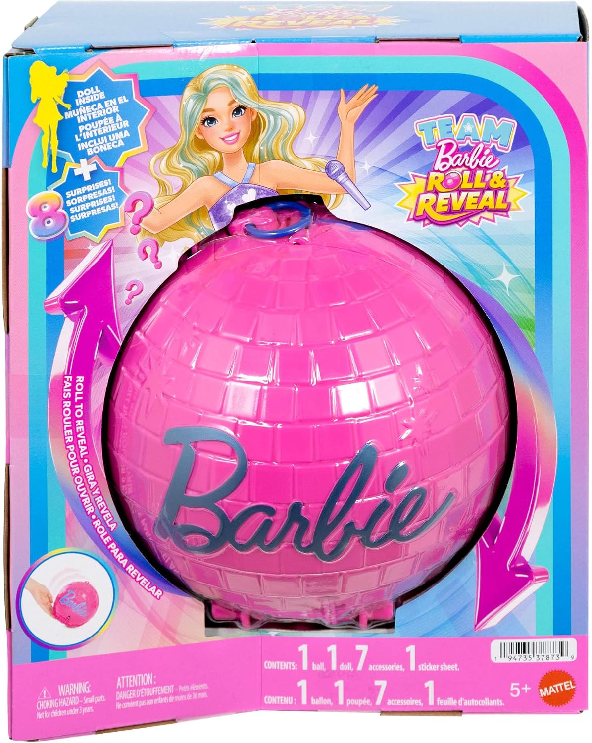 Barbie Team Barbie Roll and Reveal Pop Star Doll and Accessories | Blonde Fashion Doll & 8 Surprises and a Disco Ball Encasement, JMK19