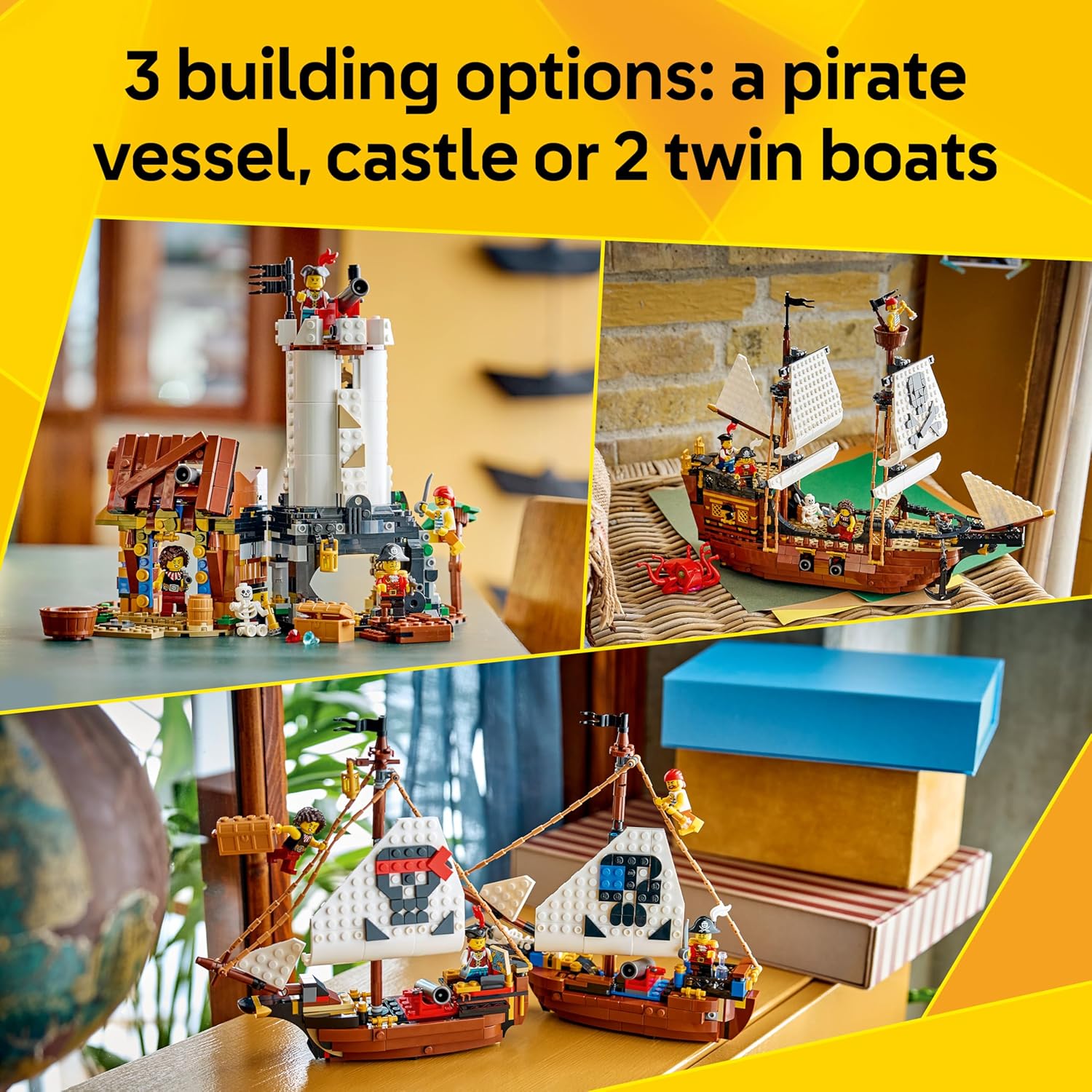 LEGO Creator 3 in 1 Iconic Pirate Ship Toy - Model Kit Transforms into a Castle or 2 Twin Boats - Kids' Room Decor Idea - Birthday Gift for 9+ Year Old Boys & Girls - 31387