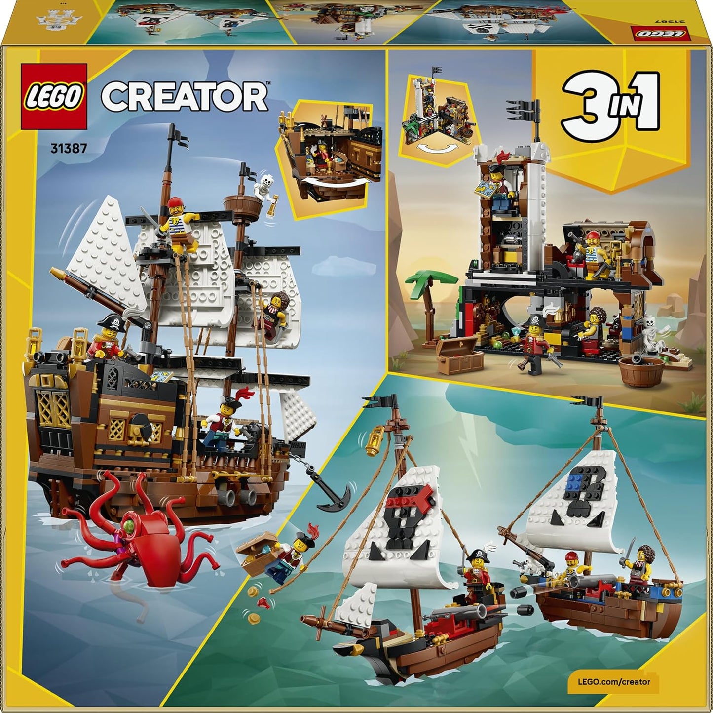 LEGO Creator 3-in-1 Klassiek Piratenschip Speelgoed - Bouwpakket voor Kinderen - Verandert in Speelgoed Kasteel of 2 Boten - Kinderkamer Decoratie - Cadeau voor Jongens en Meisjes vanaf 9 Jaar 31387