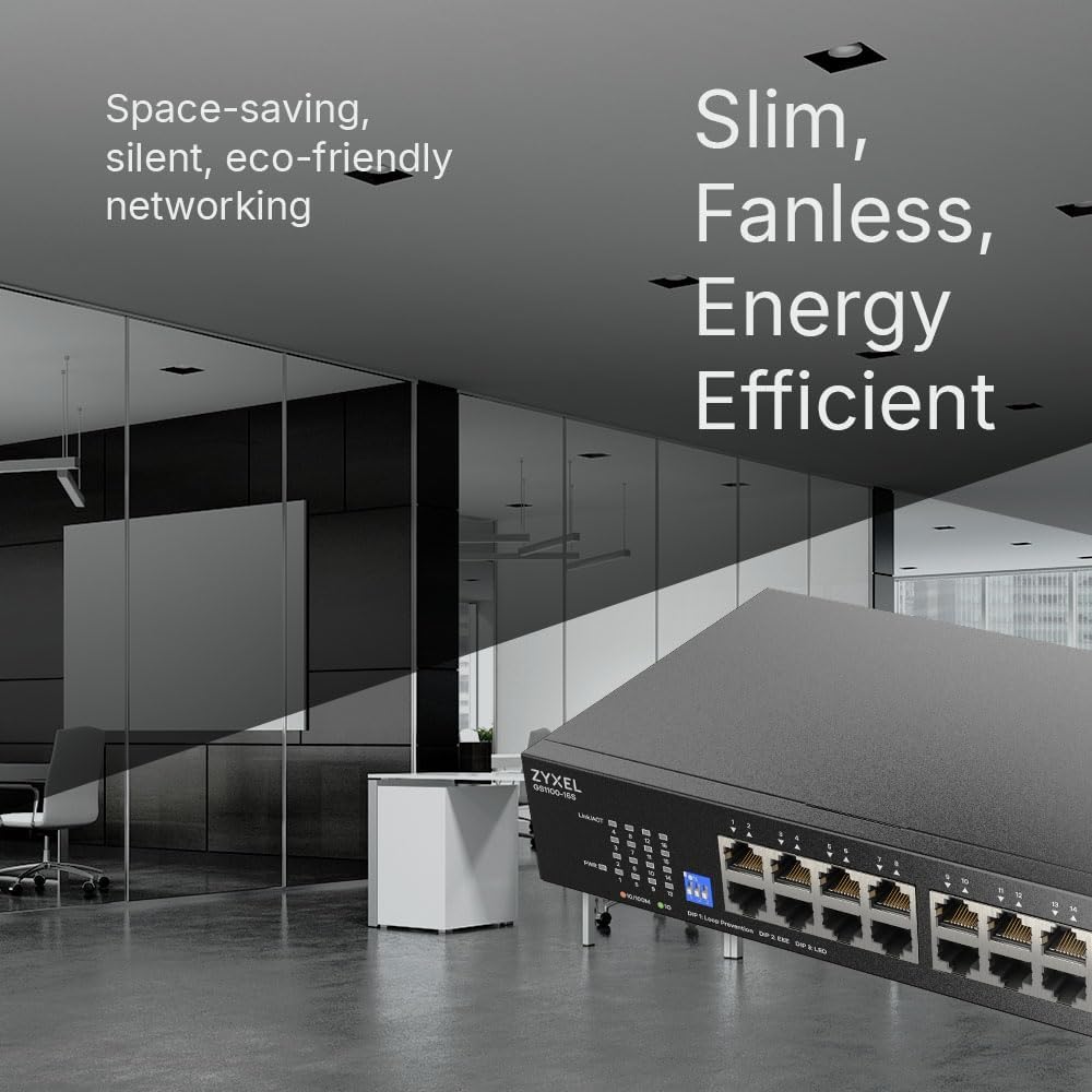 Zyxel 16 Port Network Switch | Unmanaged Gigabit Ethernet Switch | 16x GbE Ports | Switchable DIP | Fanless | Wall and Rack Mount Kits Included | GS1100-16S