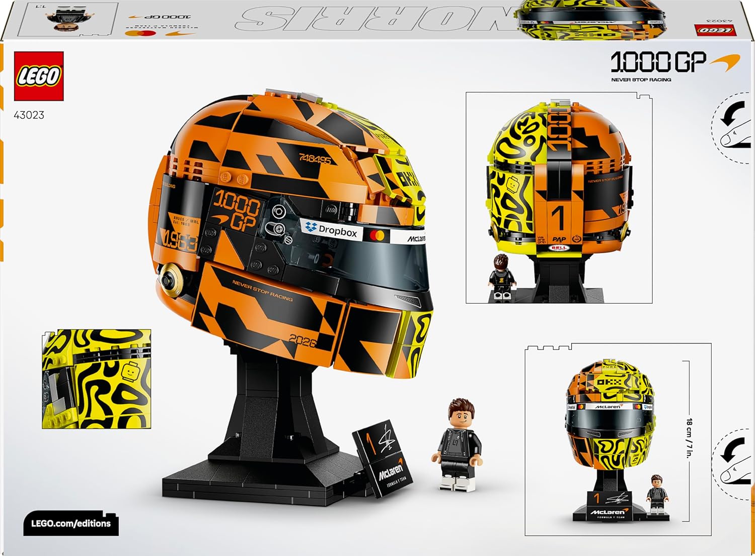 LEGO Editions McLaren Mastercard F1 Team Lando Norris Helmet - F1 Merchandise - Display Model Kit w/Collectible Minifigure - Gift for 14+ Year Old Boys & Adult Motorsport Fans - 43023