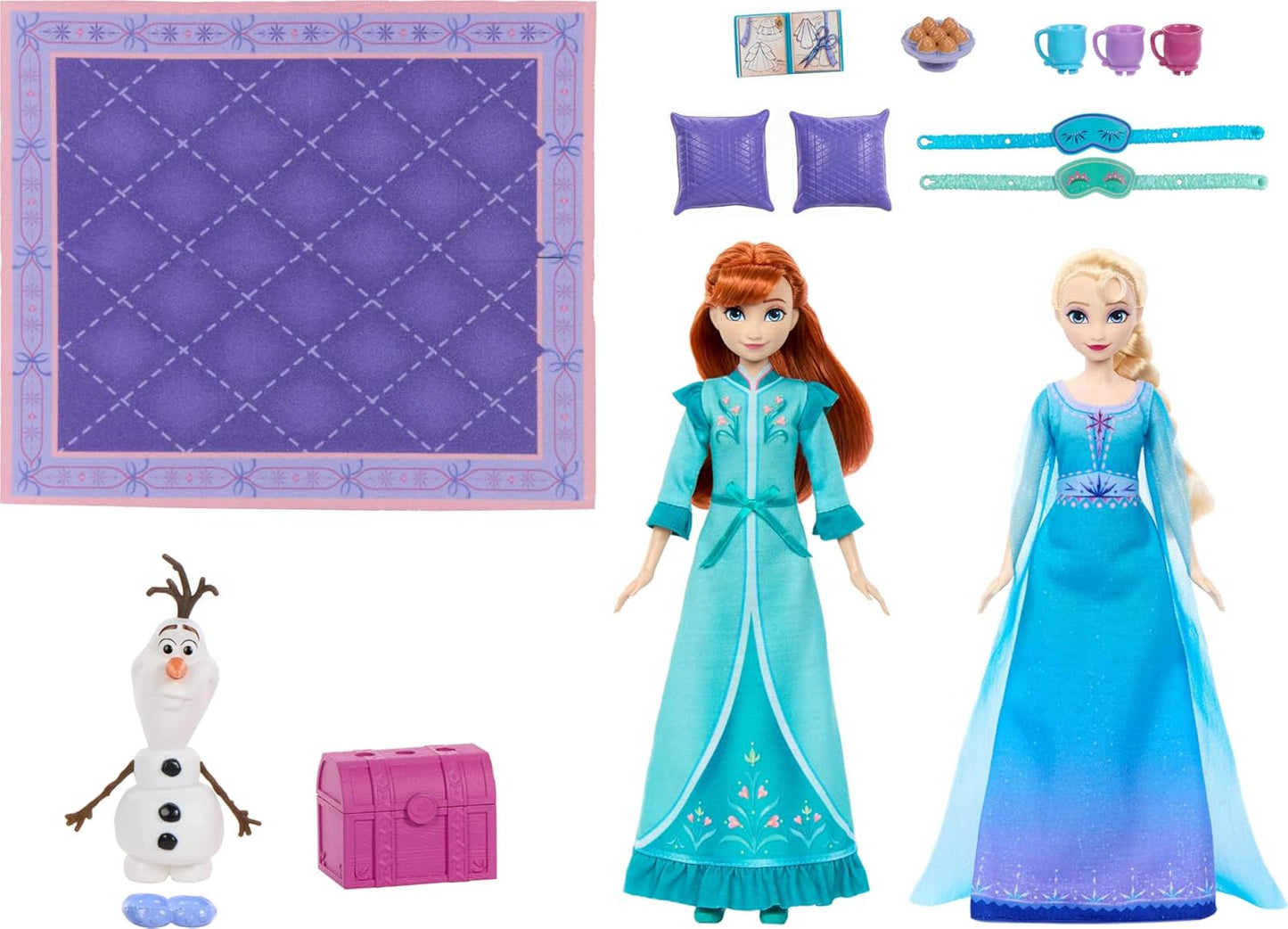 Mattel Disney Frozen Toys, Anna & Elsa Fashion Dolls in Royal Fitting Nightgowns & Slippers with Olaf Figure & 12 Accessories, Slumber Sister Set