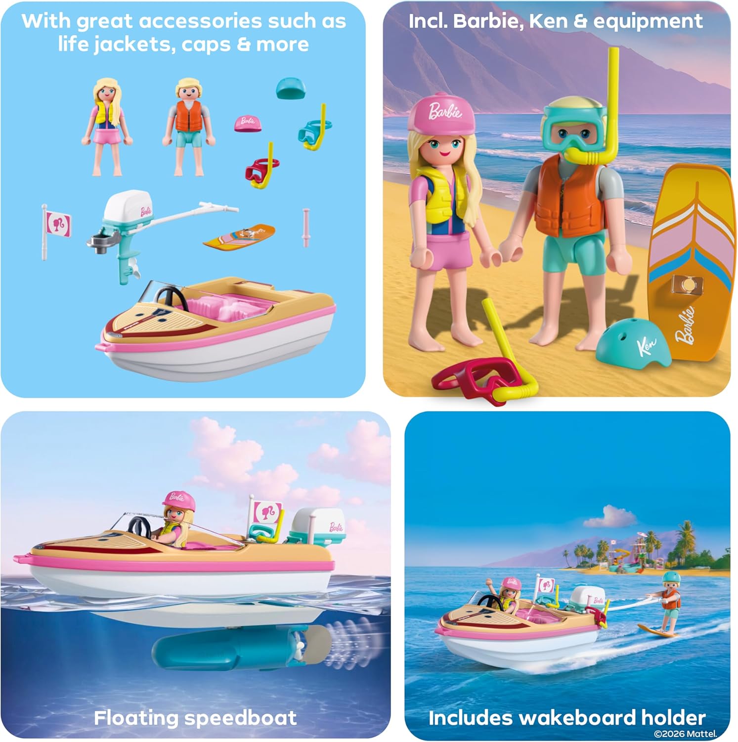 PLAYMOBIL Barbie Avonturenboot, speedboot met Barbie & Ken, wakeboard en snorkelactie voor kinderen, Malibu zomergevoel en wateravontuur, creatieve speelset voor kinderen vanaf 4 jaar, 72122