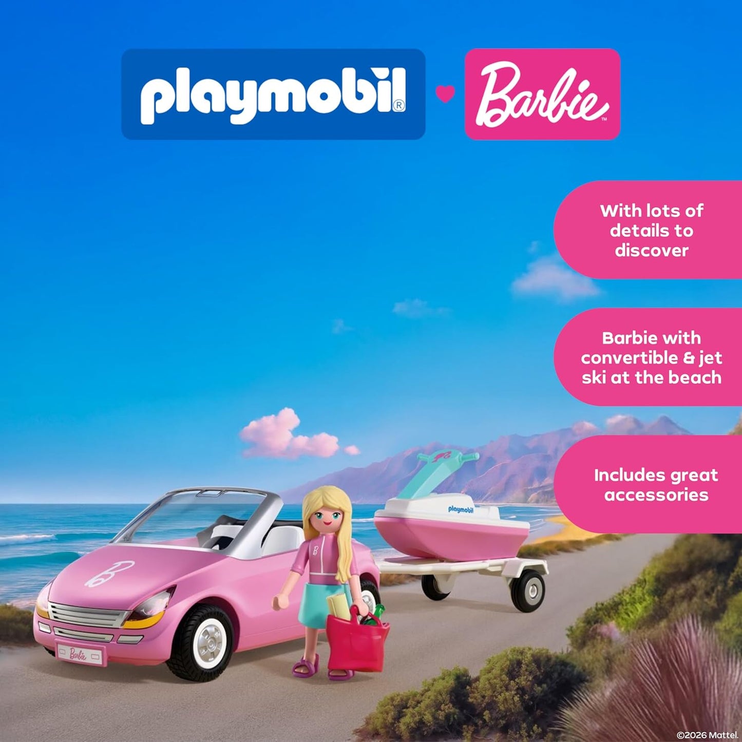 PLAYMOBIL Barbie Cabrio 72123 Cabrio met aanhanger en jetski, zomeravonturen met Barbie aan de kust van Malibu, voertuig- en waterplezier, creatieve speelset voor kinderen vanaf 4 jaar