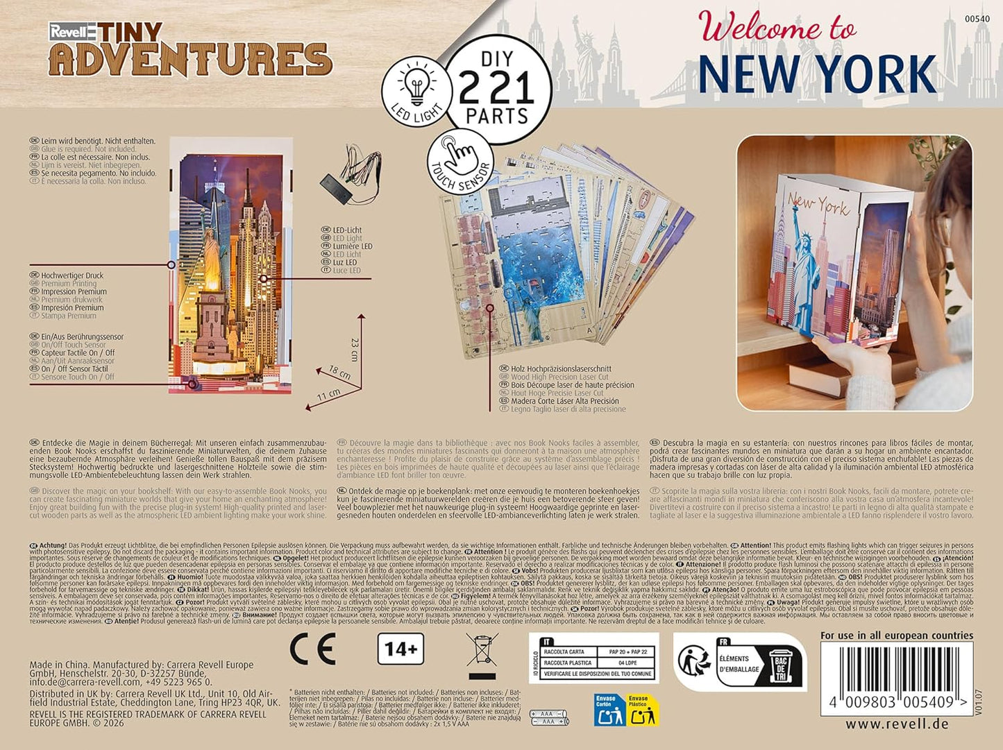 Revell Tiny Adventures Tiny Adventures - New York Book Nook - With LED Lighting, 3D Miniature DIY Wooden Craft
