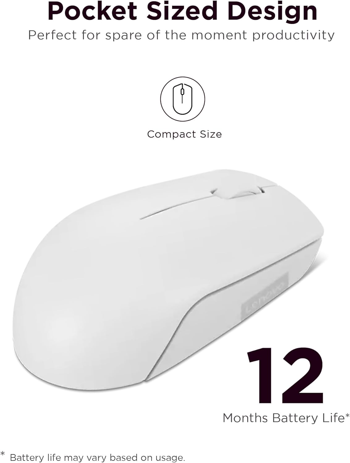 Lenovo 300 Mouse Wireless Compatto, Sensore Ottico 1000 DPI, 2,4 GHz, Ambidestro, Portatile per Laptop e PC, Cloud Grey
