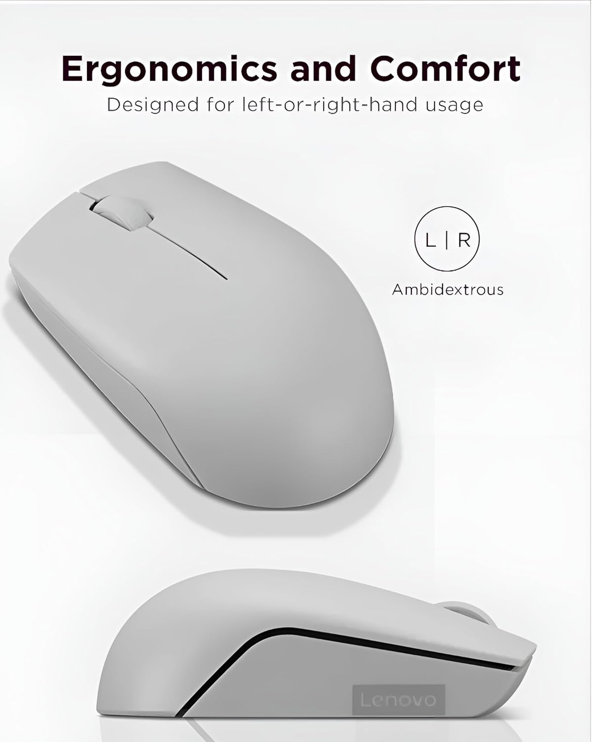 Lenovo 300 Mouse Wireless Compatto, Sensore Ottico 1000 DPI, 2,4 GHz, Ambidestro, Portatile per Laptop e PC, Arctic Grey