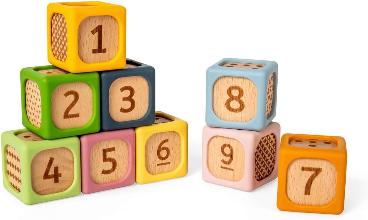 Bigjigs Toys Zachte sorteerblokken | Siliconen en houten babyblokset | Montessori stapelkubussen voor baby's | Zachte bouwkubussets met cijfers | Vroeg leren stapelspeelgoedset voor kinderen vanaf 6