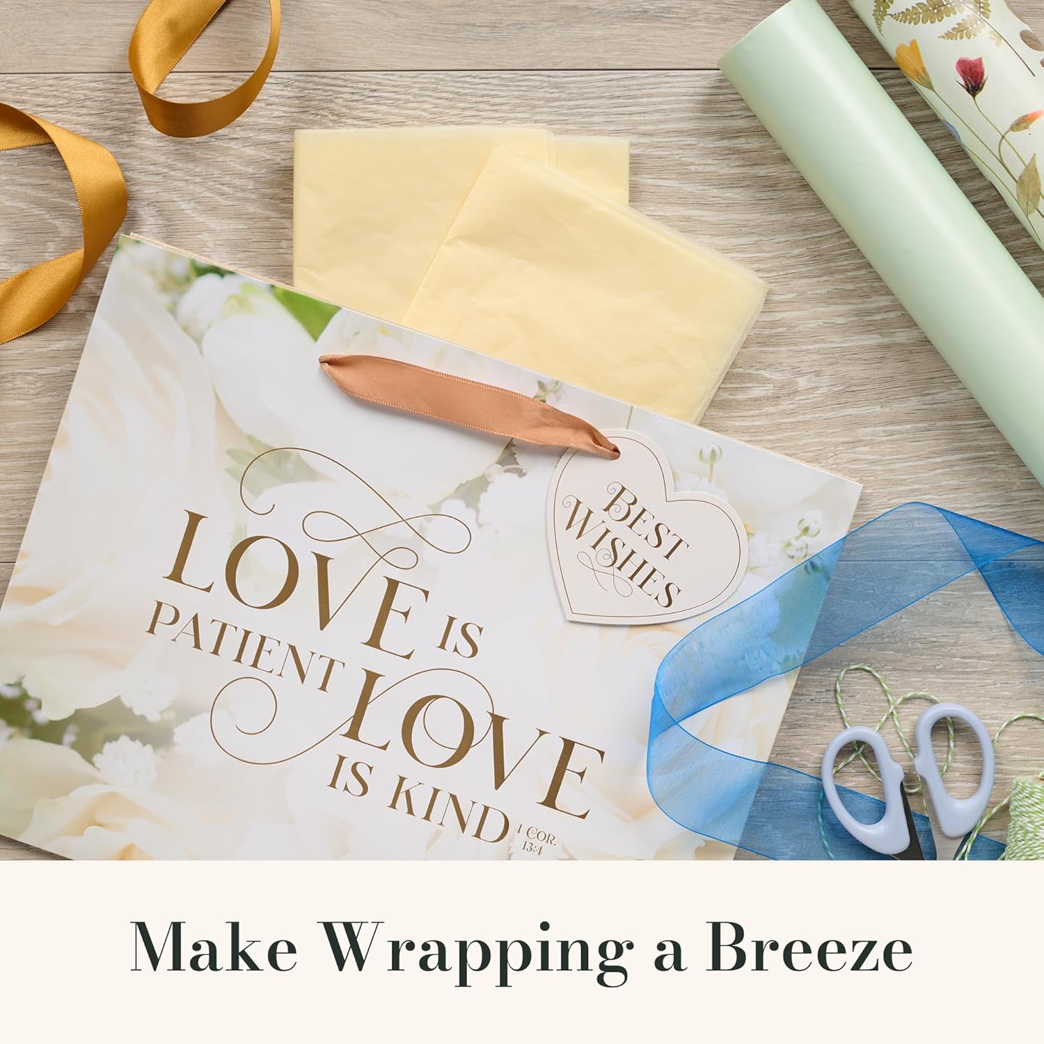 Christian Art Gifts Large Landscape Inspirational Scripture Gift Bag, Tag & Tissue Wrapping Paper Set for Wedding Presents: Love is Kind Encouraging Bible Verse, Satin Ribbon Handles, Beige Floral