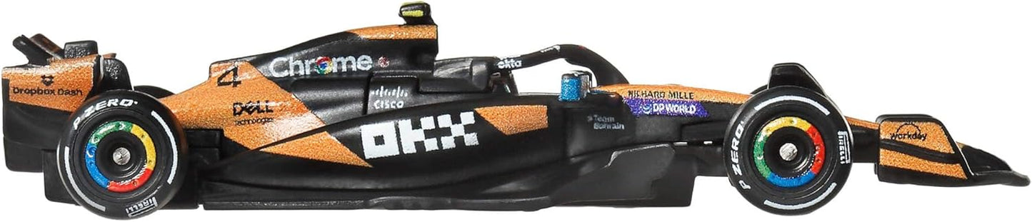 Hot Wheels Premium Formula 1 Toy Car 2-Pack, Set of 2 1:64 Scale Die-Cast McLaren Formula 1 Racecars Featuring #81 Oscar Piastri & #4 Lando Norris, JMM91