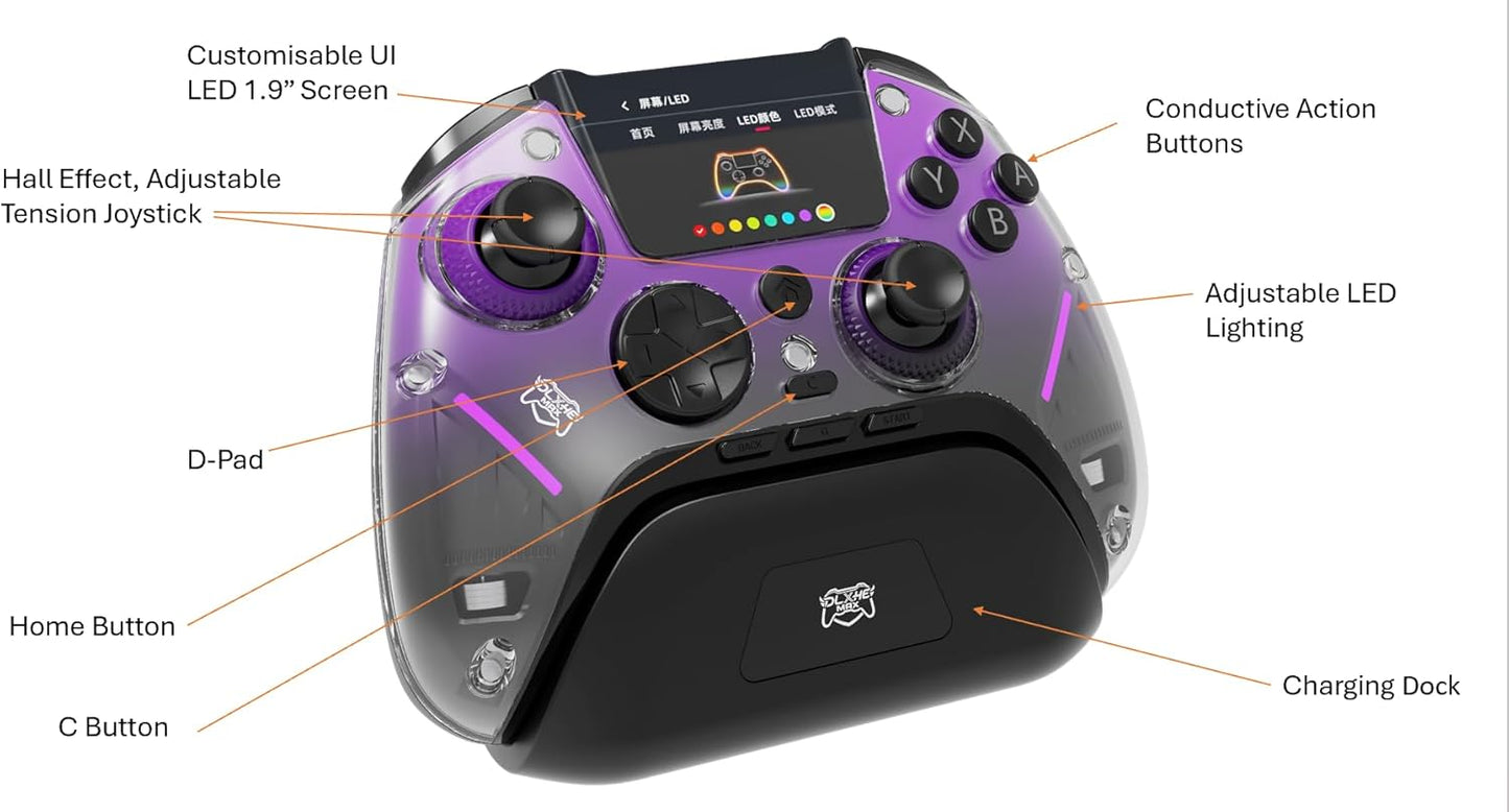 DLX HE MAX Wireless/Wired/Bluetooth Controller - Hall Effect/LED Screen/Programmable, Rechargeable, With charging base.