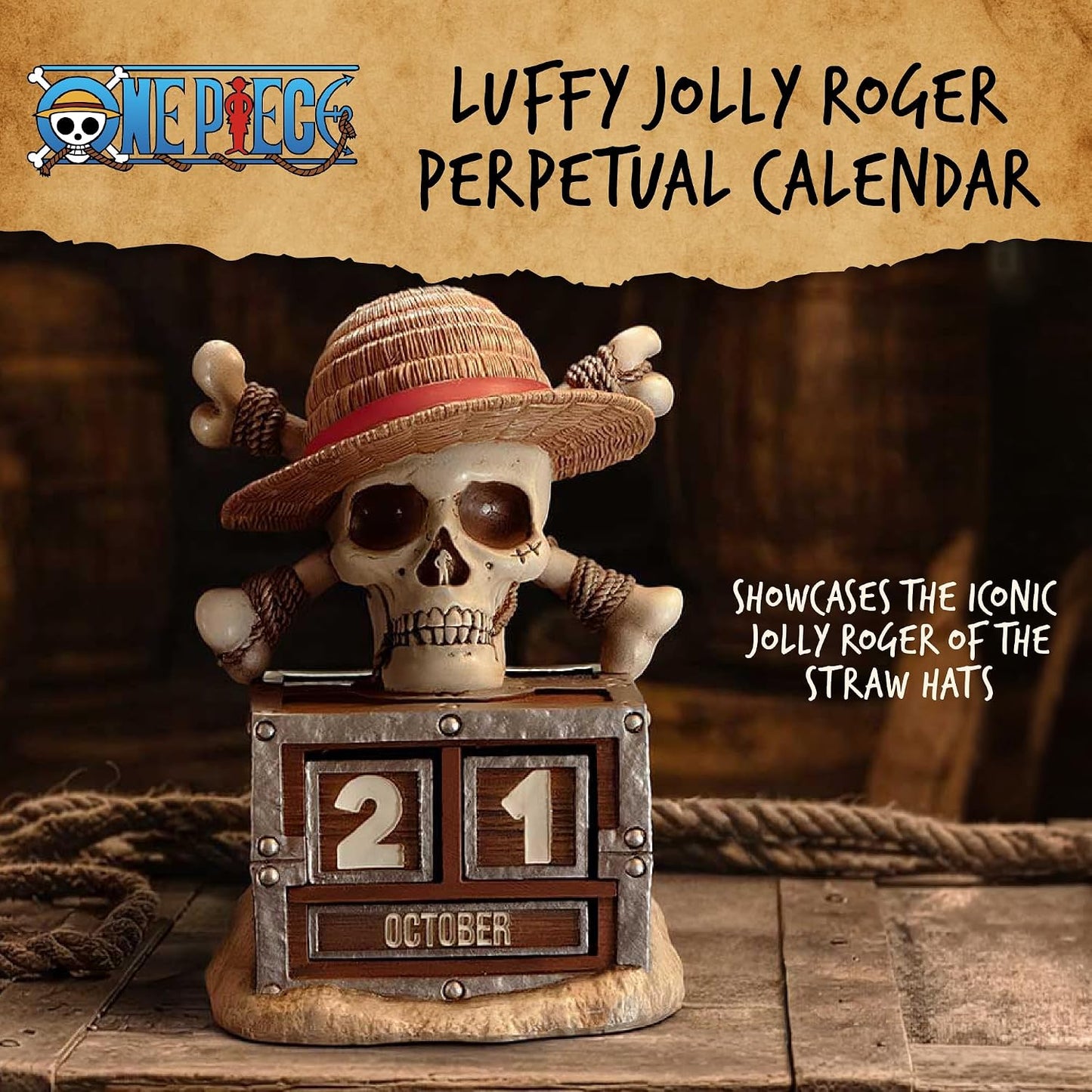 Nemesis Now One Piece Luffy Jolly Roger Perpetual Calendar - Officially Licensed Straw Hat Pirates Treasure Chest Resin Desk Collectible, 15.8cm
