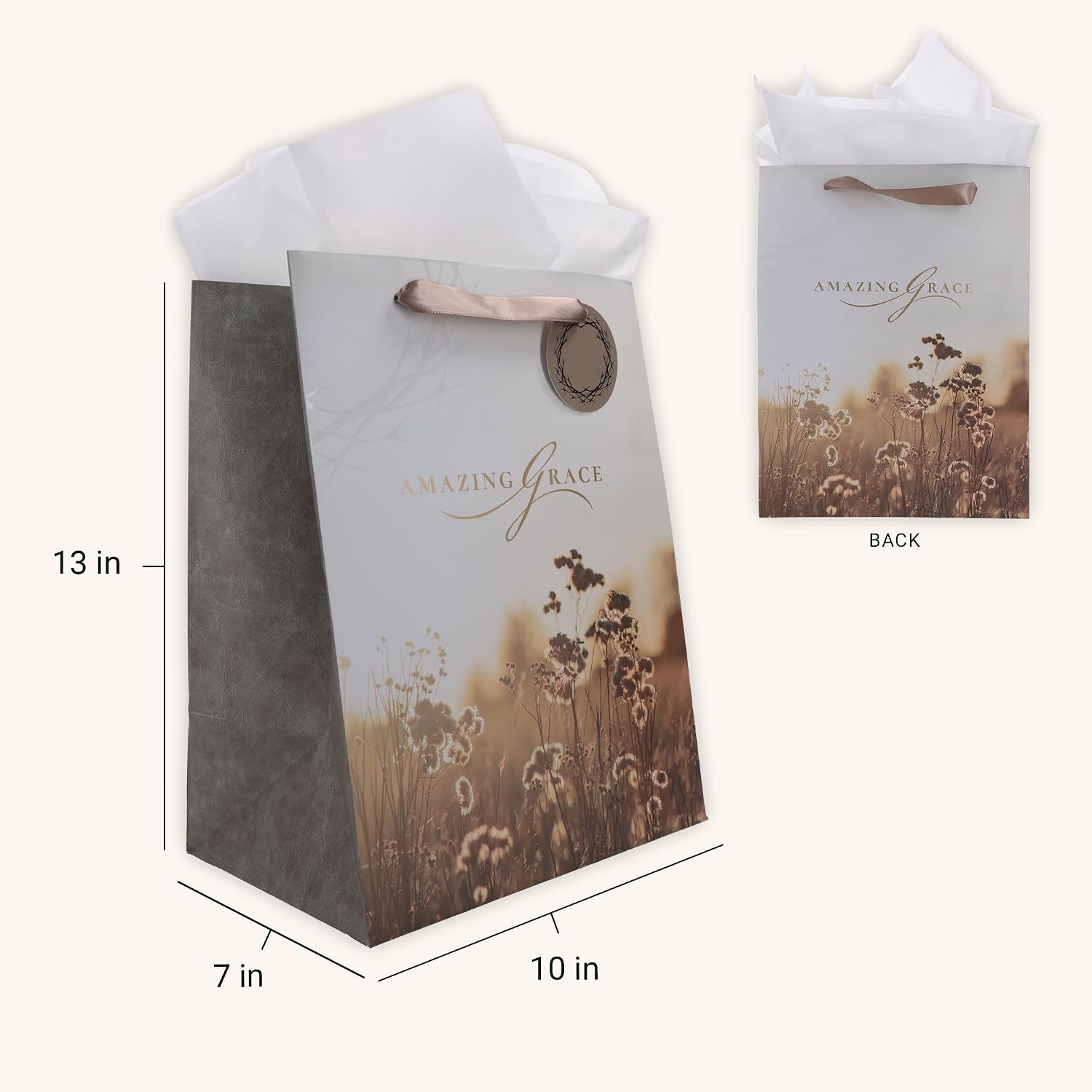 Christian Art Gifts Large Portrait Inspirational Gift Bag, Tag & Wrapping Tissue Paper Set for Women: Amazing Grace Encouraging Message, Satin Handles, Taupe