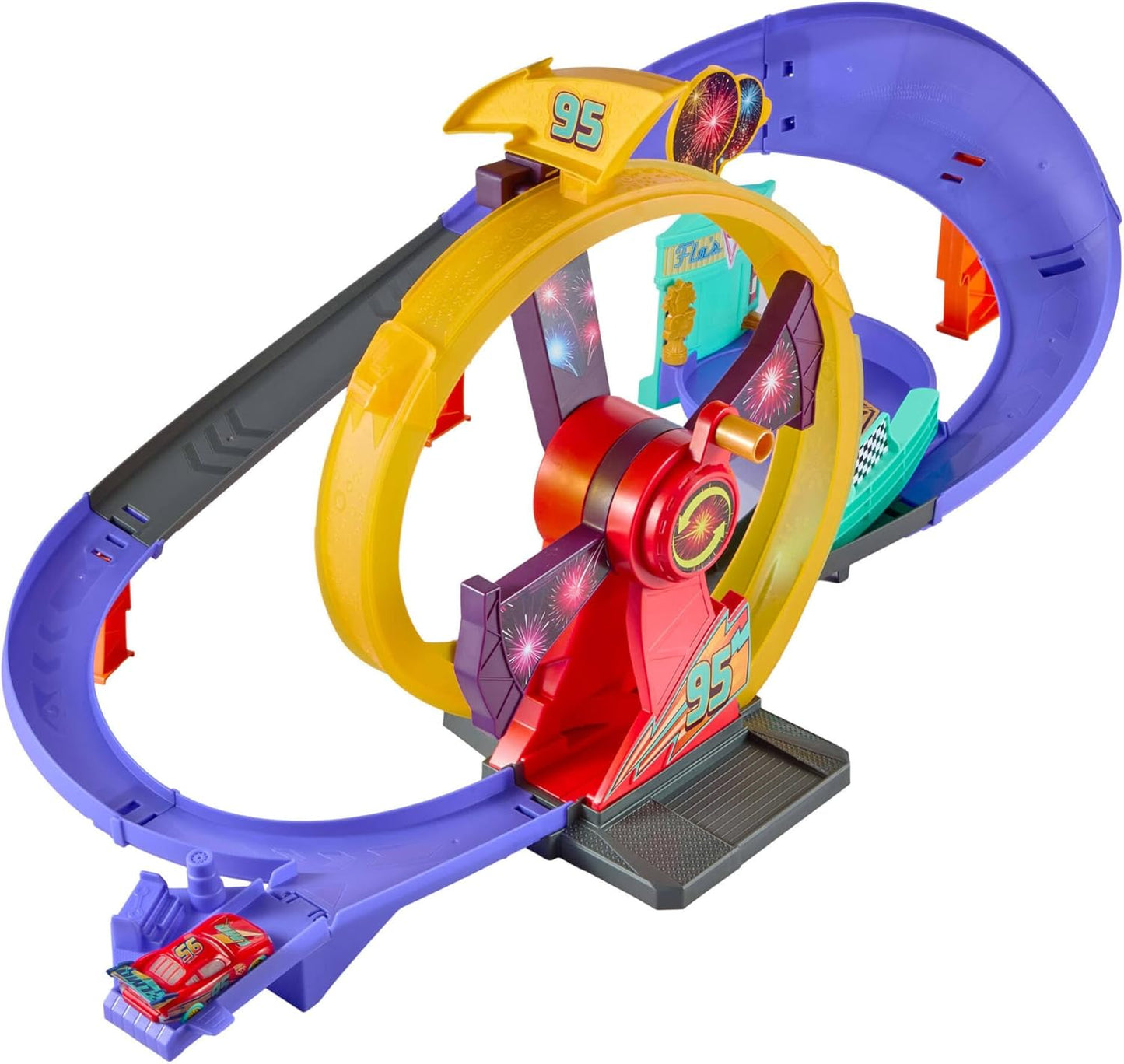Mattel Disney and Pixar Cars Toy Track Set with Light-Up Lightning McQueen, Race to Celebrate Celebration Raceway Playset with Loop & Wind-Up Kicker, JMT57