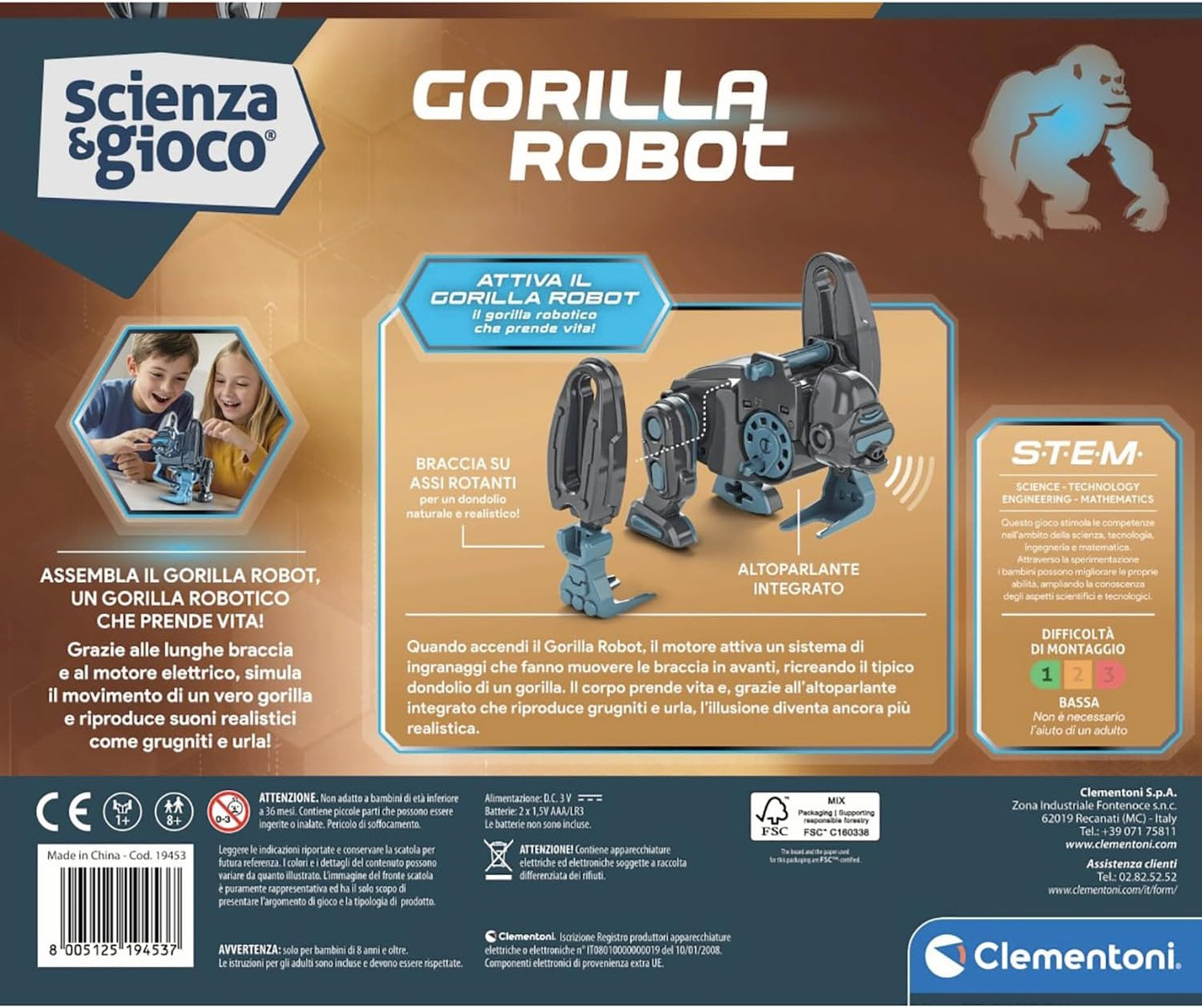 Clementoni Wetenschap en spel Robotics - Gorilla Power, bouwrobot, kinderen vanaf 8 jaar, logische en technologische vaardigheden, elektromotor, realistische geluiden, STEM en robotica, Italiaanse