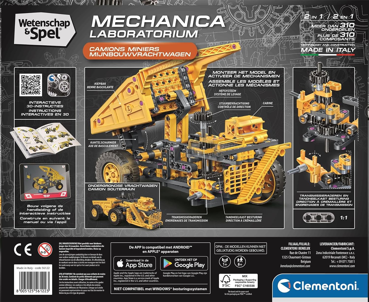 Clementoni Wetenschap & Spel Mijnbouwtruck Bouwset – 2-in-1 STEM Constructieset – Mechanica Speelgoed met Werkend Stuursysteem & Kiepbak – Science & Play – Vanaf 8 Jaar