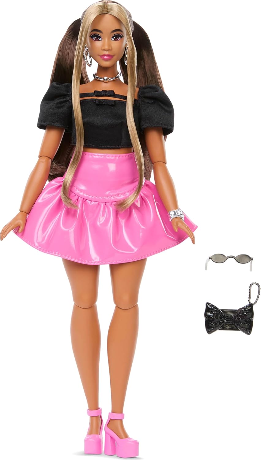 Barbie Deluxe Style Doll #16 in Pink Vinyl Barbiecore Skirt, Black Satin Crop Top, Long Brown Hair, Black Clutch, and Silver Jewelry, JJN74