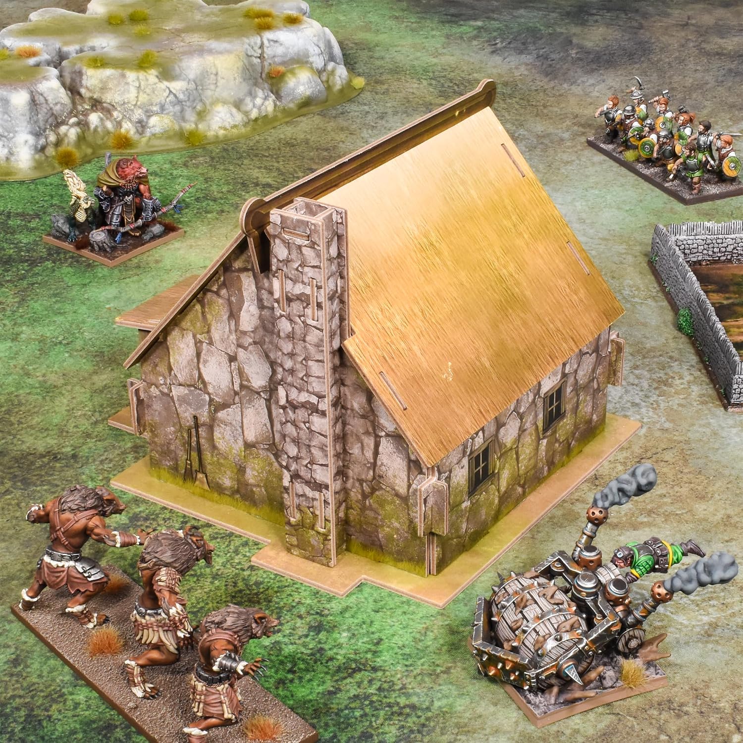 Terrain Crate Village Buildings Pack | 3 Fantasy Card Terrain Buildings | Chapel, Cottage & Townhouse | Compatible with Warhammer Age of Sigmar, Kings of War & More | 28-32mm Scale