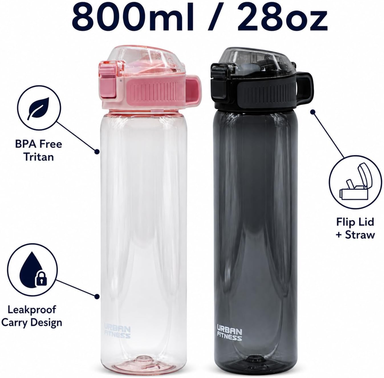 VitalFlip Water Bottle, 800ml BPA Free Tritan Sports Bottle with Flip Lid, Straw, Leakproof Carry Handle for Gym, Travel and Everyday Hydration