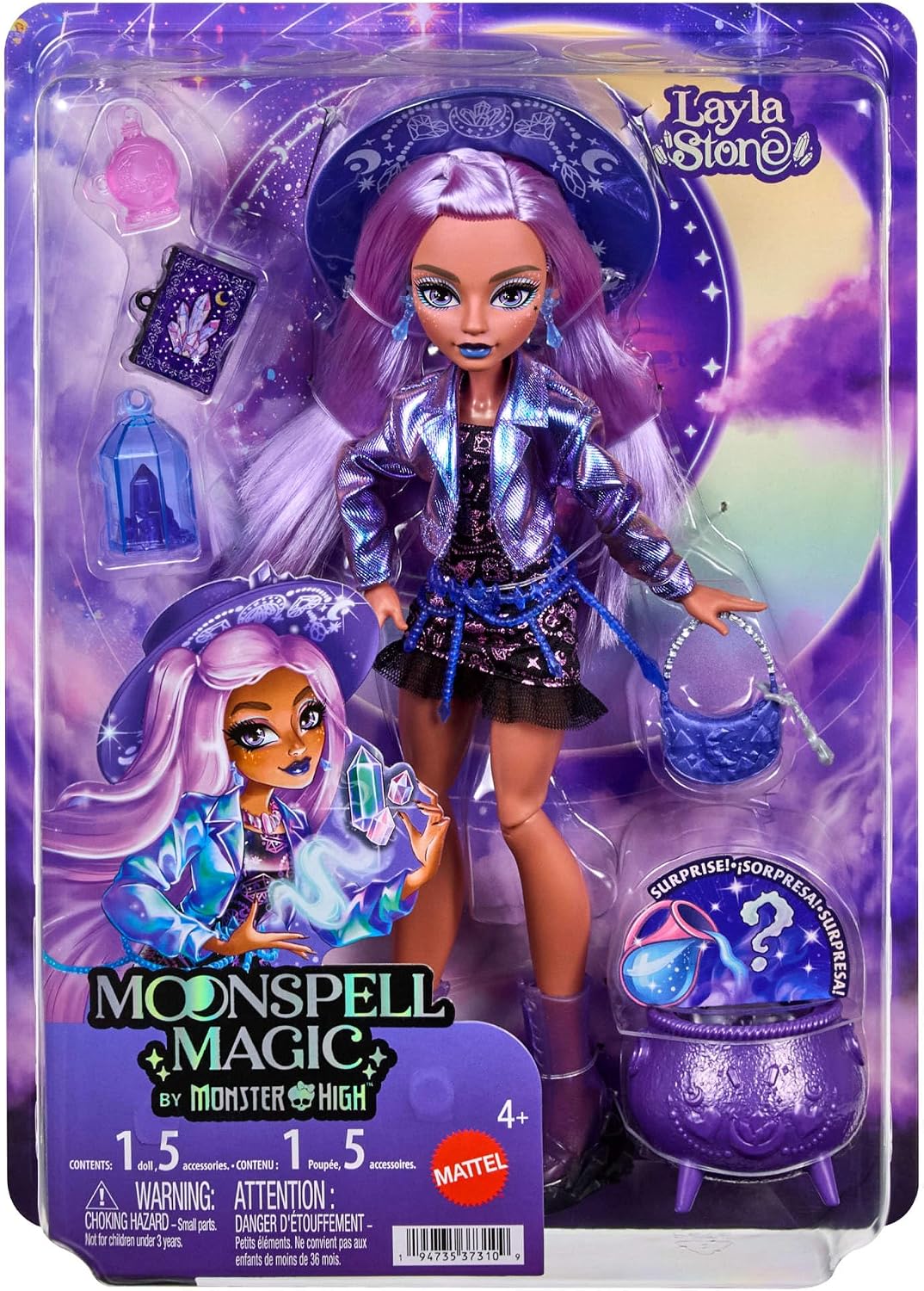 Monster High Doll, Moonspell Magic Layla Stone The Crystal Witch with Cauldron Surprise & Accessories like Potion Bottle & Spellbook, JMB90