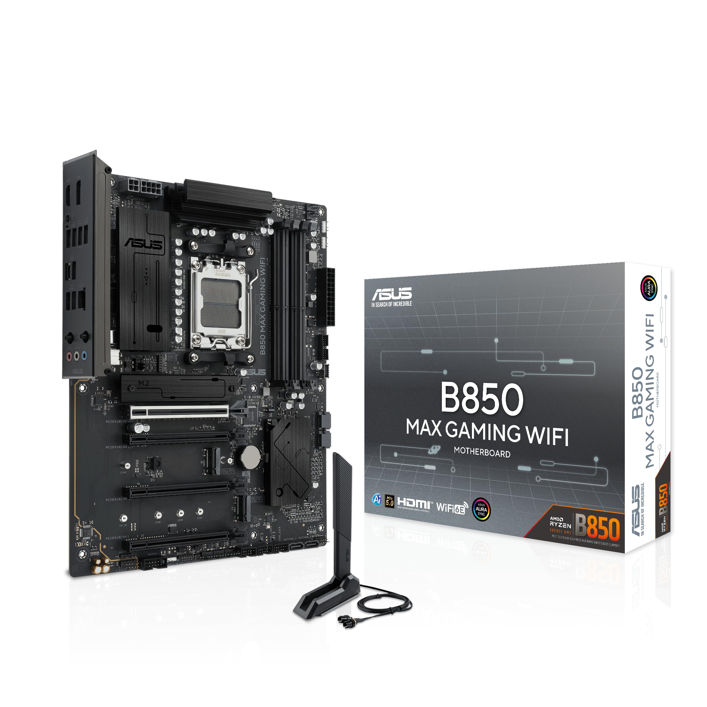 ASUS B650E MAX GAMING WIFI W AMD B650 ATX motherboard, DDR5, PCIe 5.0 Ready, 3x M.2 slots, Wi-Fi 6E, DisplayPort, HDMI, rear USB 10Gbps Type-A & Type-C support, BIOS FlashBack, Aura Sync RGB, White