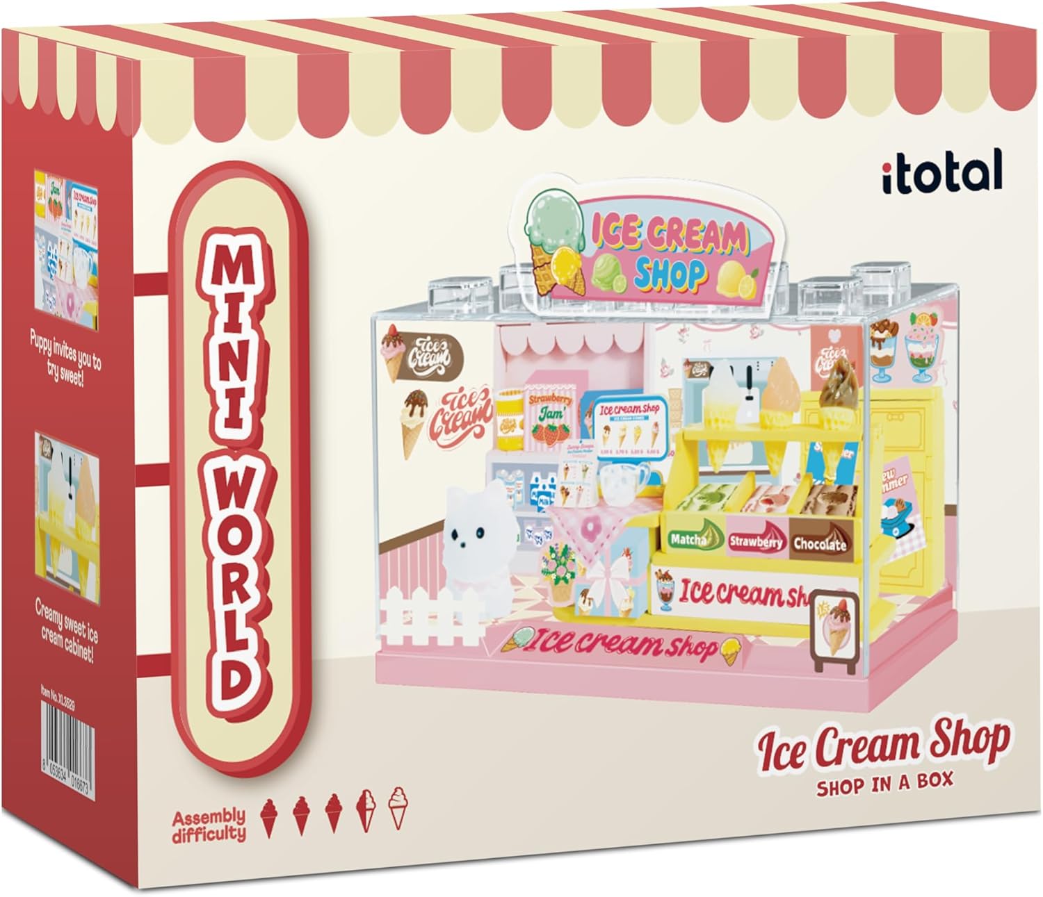 I-TOTAL® - Shop in a Box creatieve kit DIY miniatuur 3D bouw en verzamel winkels in pastelstijl, model met decoratieve details (54 stuks) cadeau-idee (ICE CREAM SHOP