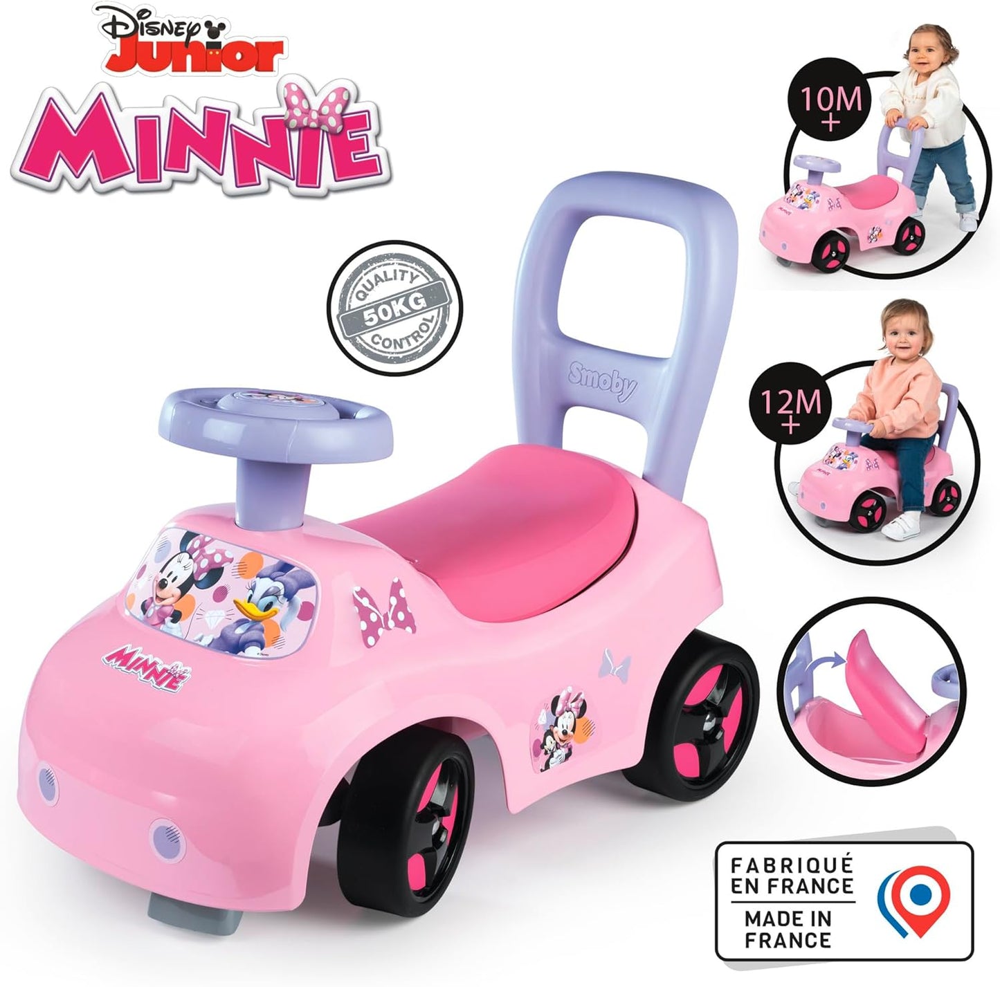 Smoby - Minnie Prima Auto, 7600720544, 10 maanden, Ride on, officieel gelicentieerd product van Disney, roze