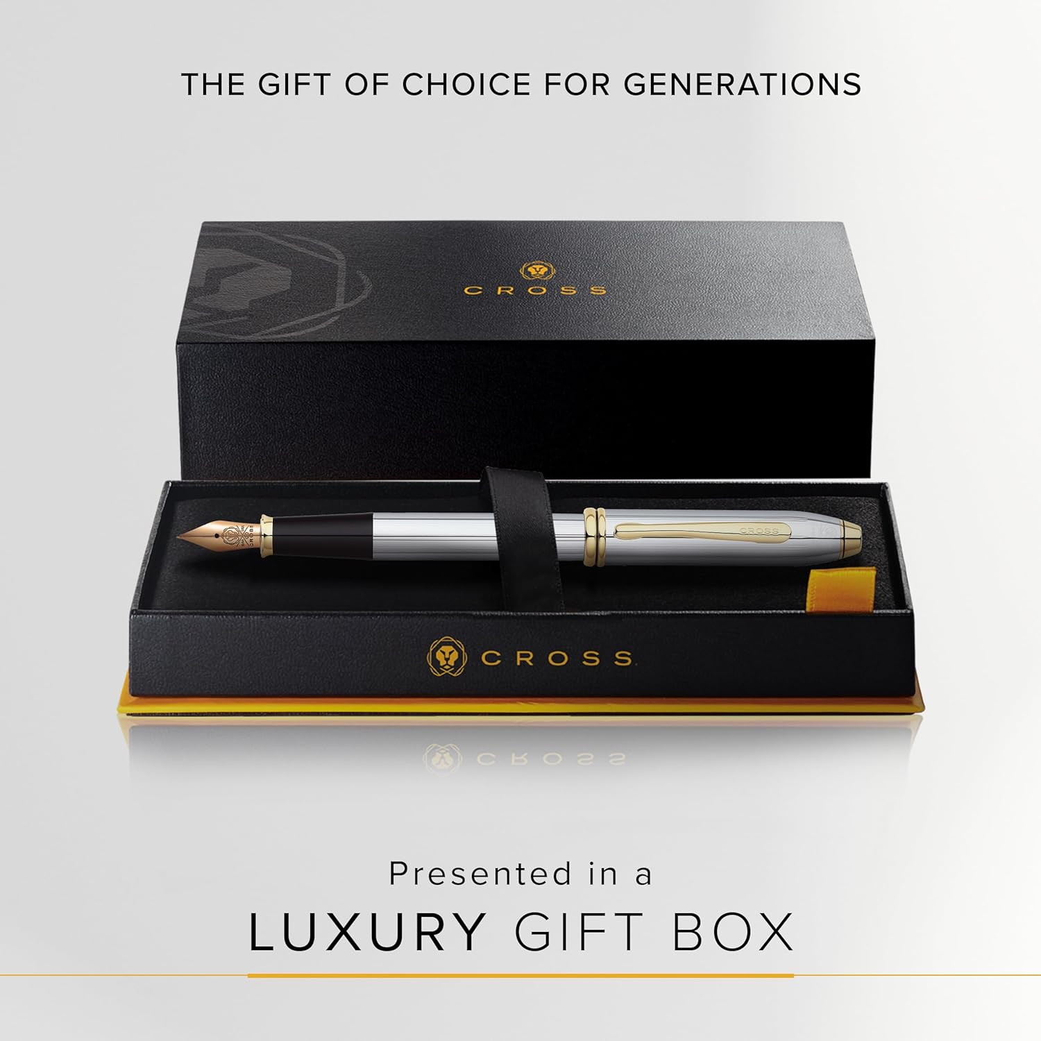 Cross Townsend Refillable Click-Off Cap Metal Fountain Pen with 23 Carat Gold-Plated Appointments, Medium Nib, includes Premium Gift Box and Black Cartridge, 1 Pack, Medalist