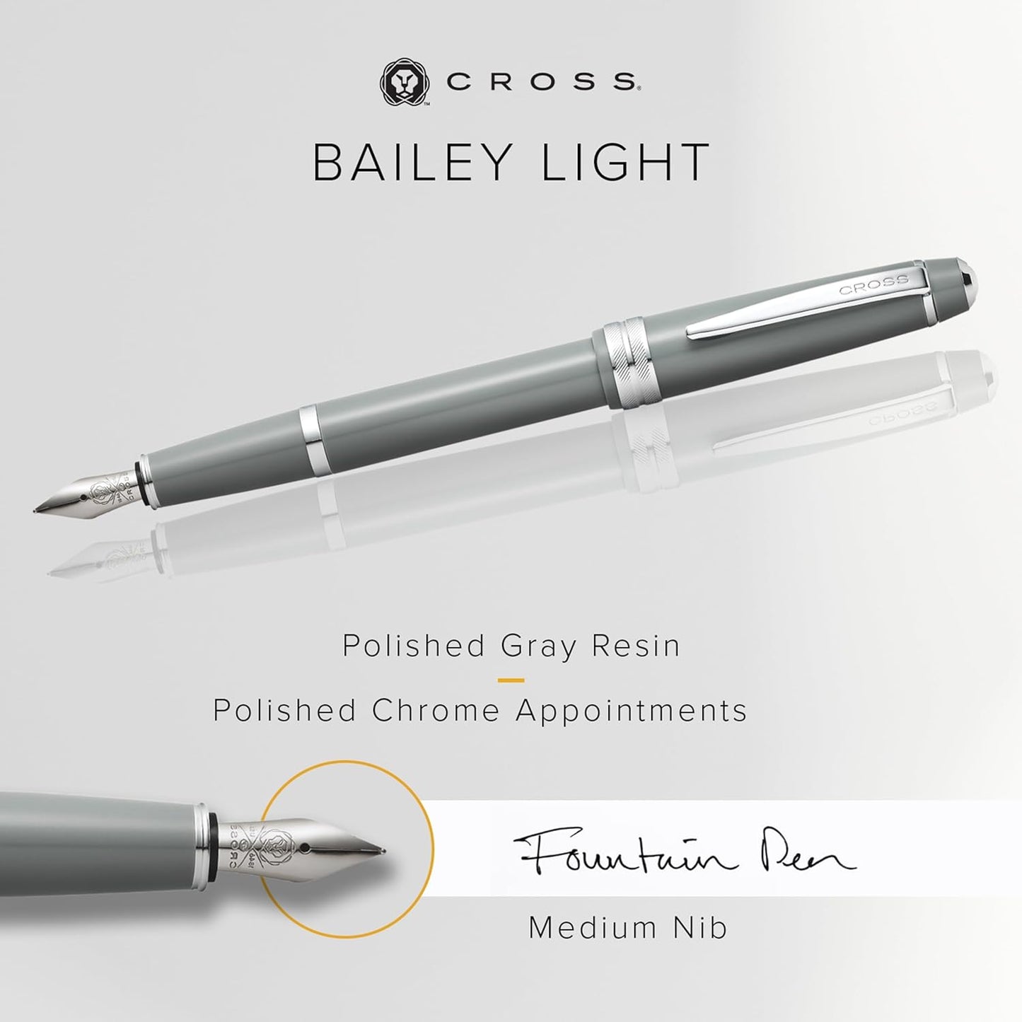Cross Bailey Light Click-Off Cap Plastic Fountain Pen with Resin Finish, Medium Fountain, includes Premium Gift Box and Black Cartridge, 1 Pack, Polished Grey