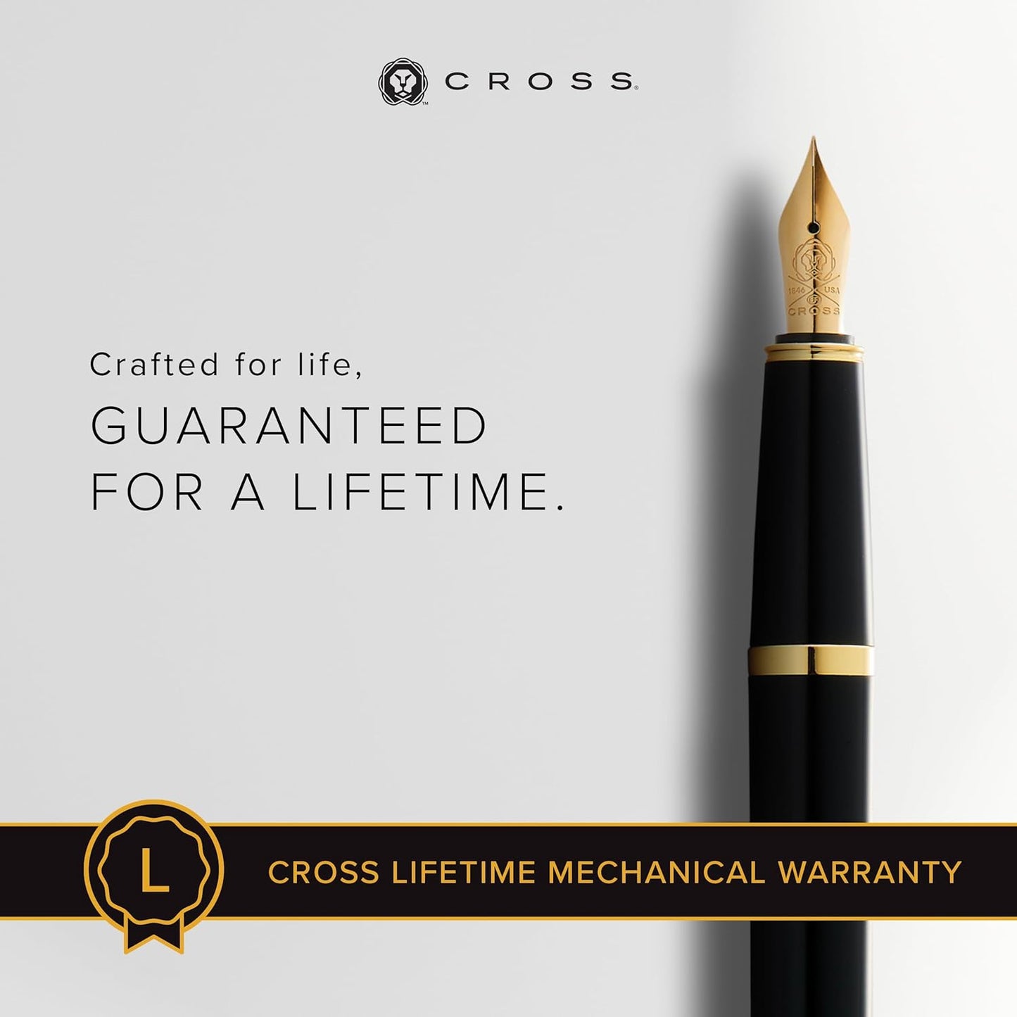 Cross Bailey Light Fountain Pen - Medium Nib Size - Gift Boxed - Black Lacquer with Gold Fittings