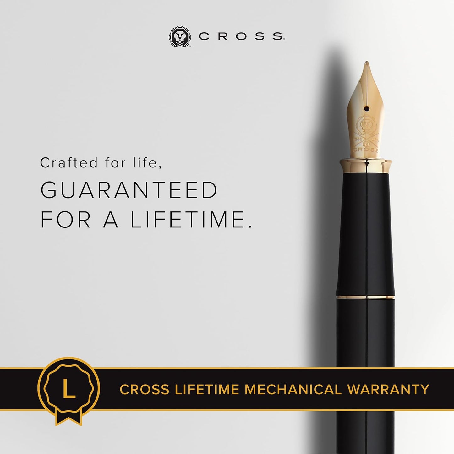 CROSS Townsend Black Lacquer Fountain Pen with 23CT Gold-Plated Appointments and Medium Nib incl. Luxury Gift Box – Refillable Cartridge Pen