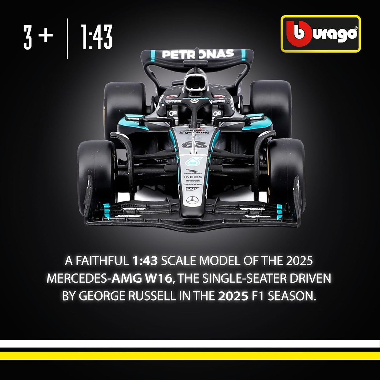 Bburago - F1 Mercedes-AMG W16 2025#63 Russell, 1:43 Scale Diecast Car with Authentic Details, F1 Mercedes Replica, Silver/Black Livery, Official Licence, Recommended Age 3+ Years