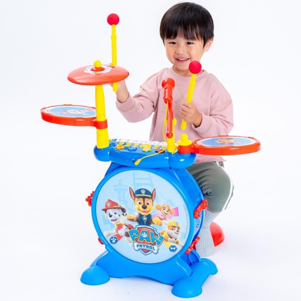 Lexibook, La Pat'Patrouille, Batterie Électronique pour Enfant, Jeu Musical, Jouet Mixte, Vrai Son de Batterie, Clavier 8 Notes, Prise pour MP3, siège Inclus, Bleu/Rouge, K610PA