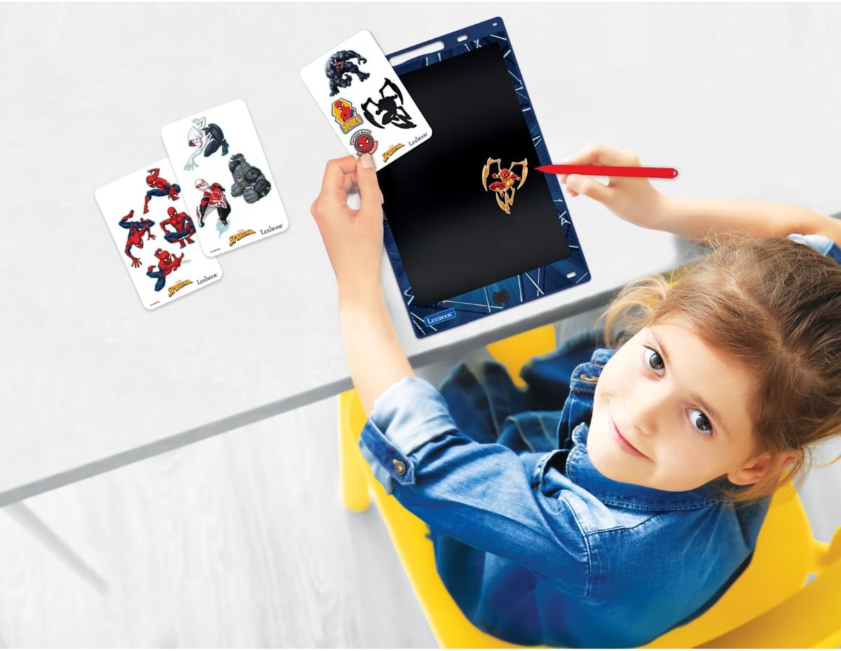 LEXIBOOK, Spider-Man, Magic Slate, Artistic and creative toy for girls and boys, Multicoloured drawings, 28 cm screen, Includes 1 stylus and 6 stencils, Blue, CRT10SP