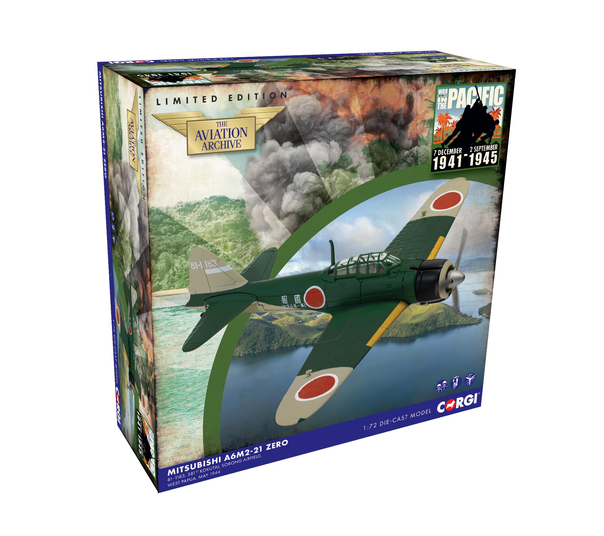 Corgi AA33110 Mitsubishi A6M2-21 Zero, Jeffman Island, 1944 - DieCast Model Aviation, for ages 14+