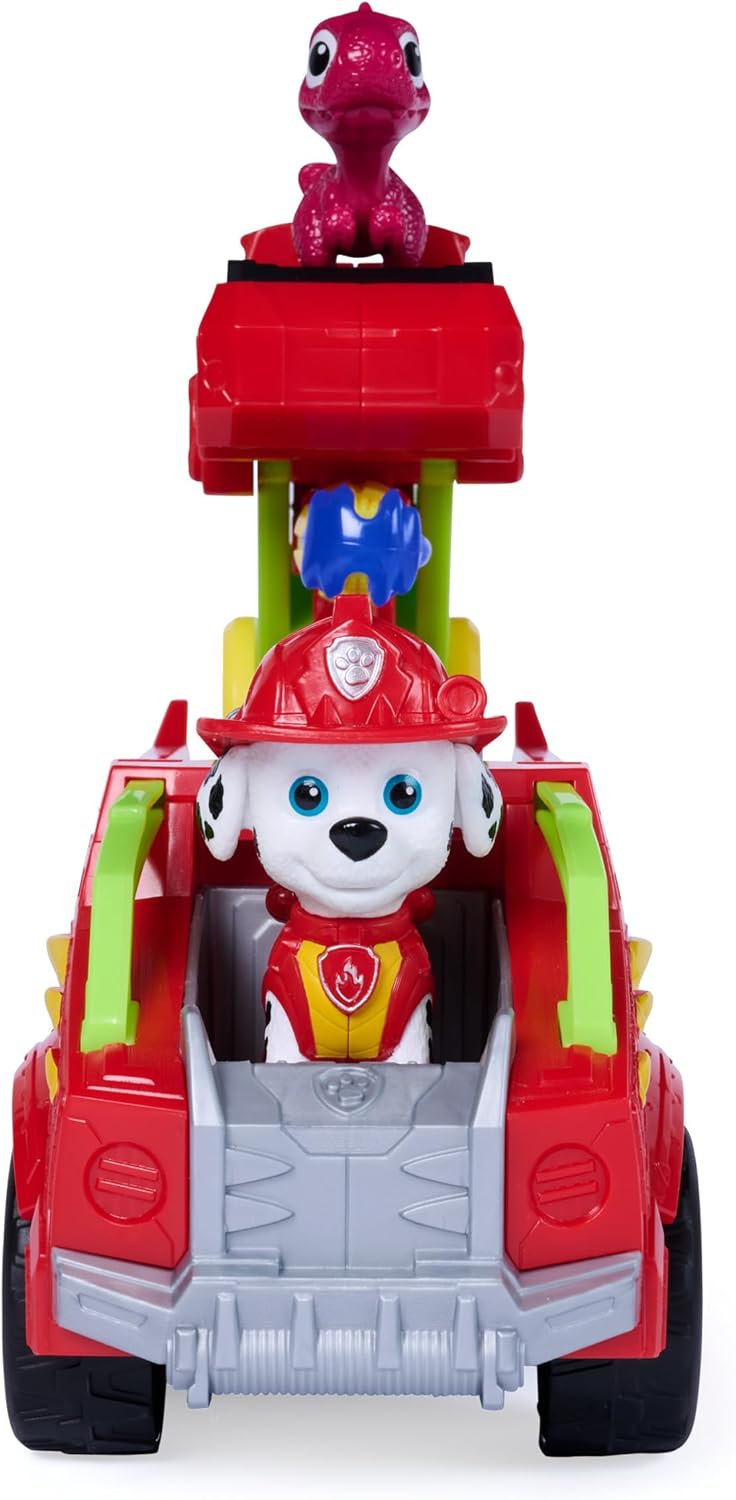 Paw Patrol: The Dino Movie, Marshall Dino Rescue Firetruck with 360-Degree Spinning Projectile Launcher with 2 Action Figures, Kids Toys for Boys and Girls Ages 3+