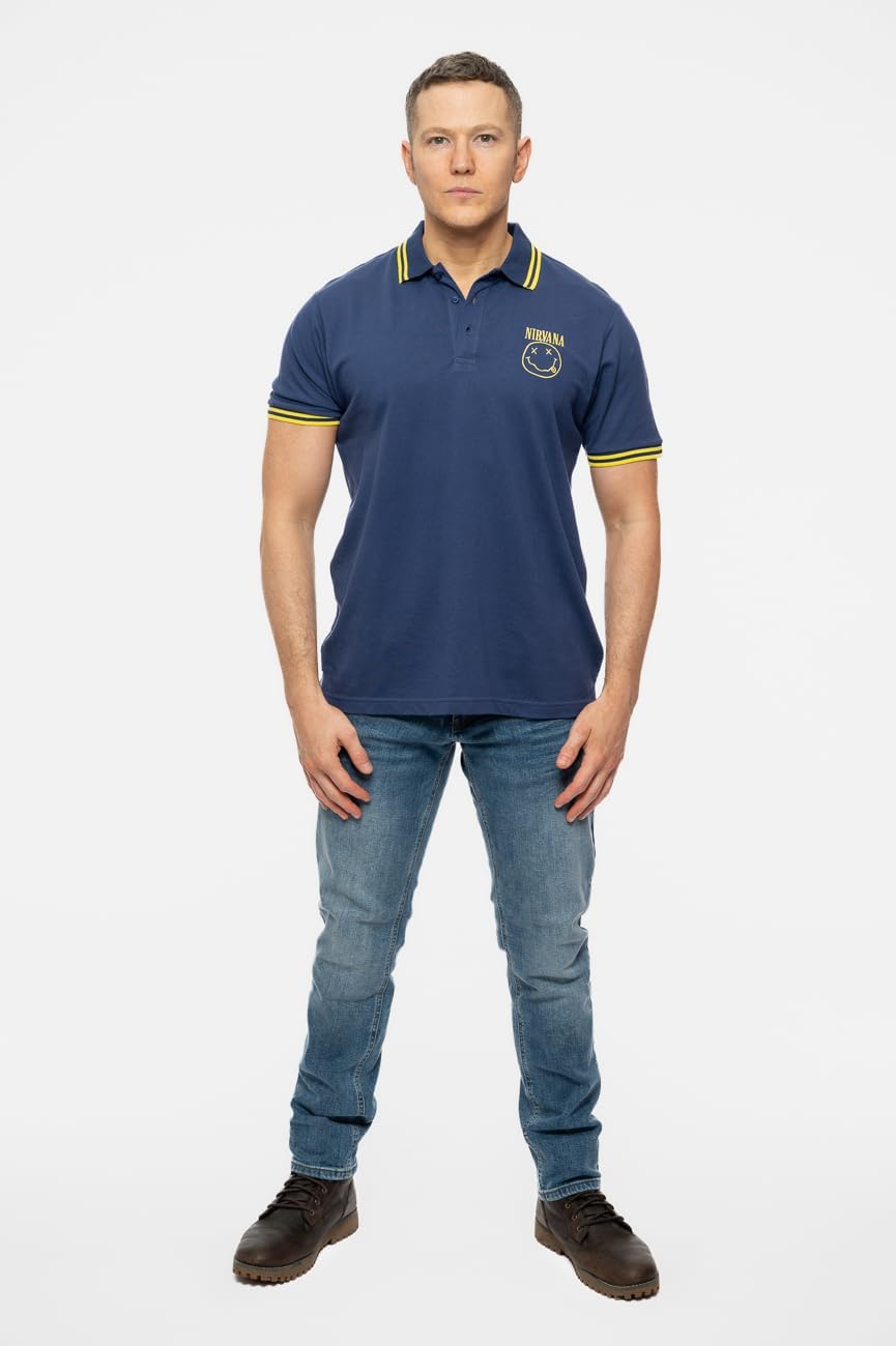 Nirvana Polo T Shirt Smile Face Band Logo Official Mens Navy Blue XXL