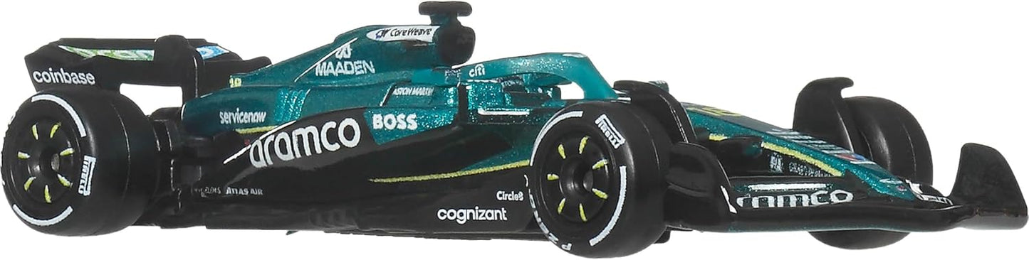 Hot Wheels Premium Auto Team Aston Martin Aramco Formula 1 | Modello auto da corsa Lance Stroll Die-Cast in scala 1:64, pneumatici Real Riders, carrozzeria/telaio in metallo, JKD87