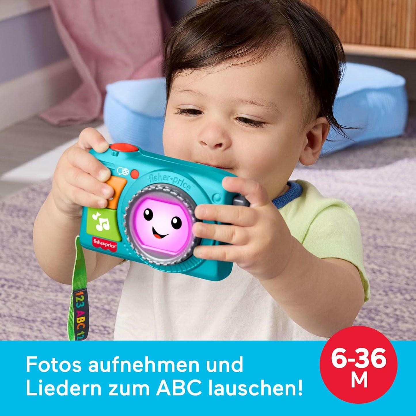 Fisher-Price Lernspaß Aufleuchtende Kamera für Babys und Kleinkinder, Musik- und Lernspaß für Rollenspiele für Kinder ab 6 Monaten, mehrsprachige Version, JNV95