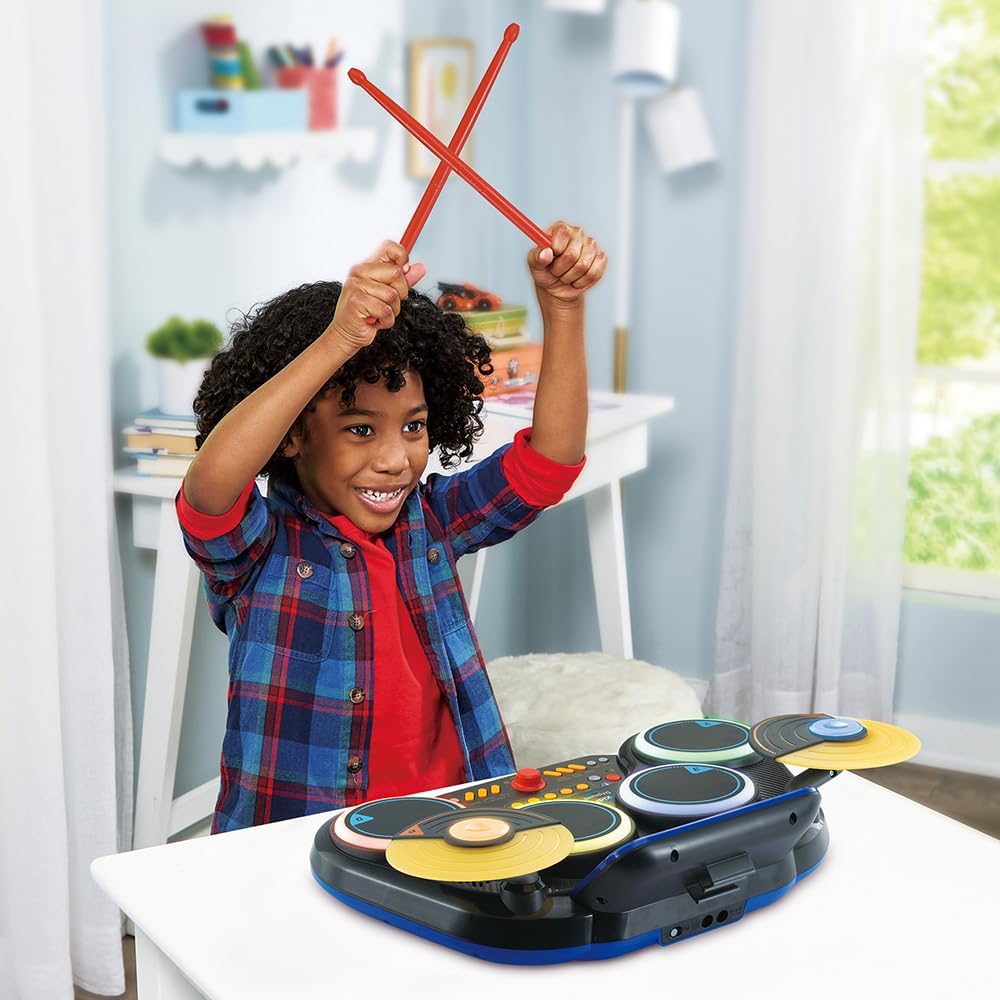 VTech - Kidi DJ Drums, elektronische batterij voor kinderen met lichtgevende pads, cimbalen, drumsticks, bluetooth, jack-aansluiting voor hoofdtelefoon, leren en spelletjes, cadeau voor kinderen vanaf