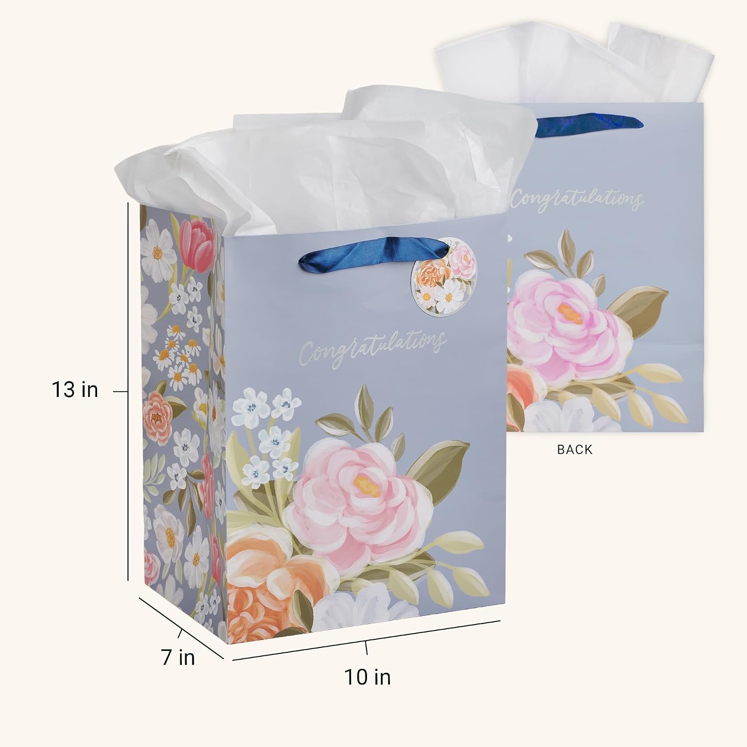 Christian Art Gifts Large Portrait Inspirational Gift Bag, Tag & Wrapping Tissue Paper Set for Women: Congratulations, Weddings, Graduations, Cute Satin Ribbon Handles, Pastel Blue Multicolor Floral
