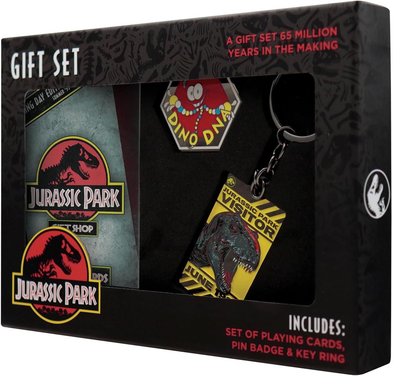 FaNaTtik Jurassic Park Dino Gift Set – Keyring, Pin Badge & Playing Cards, Official Merchandise Collectibles, Dinosaur Gift Set for Fans, Collectors & Movie Lovers