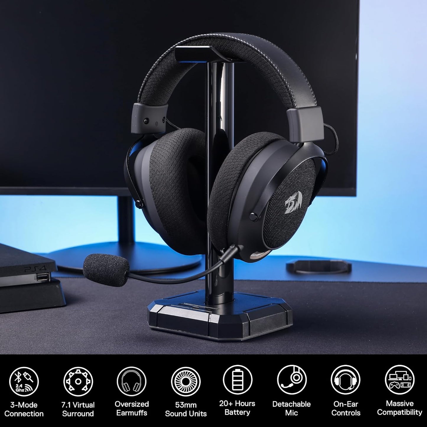 Redragon H858 3-Mode Wireless Gaming Headset, 7.1 Surround Sound, 53 mm Drivers, Memory Foam Ear Pads, Detachable Noise-canceling Microphone, Over-Ear Headphones Works for Mobile, PC/PS5/NS