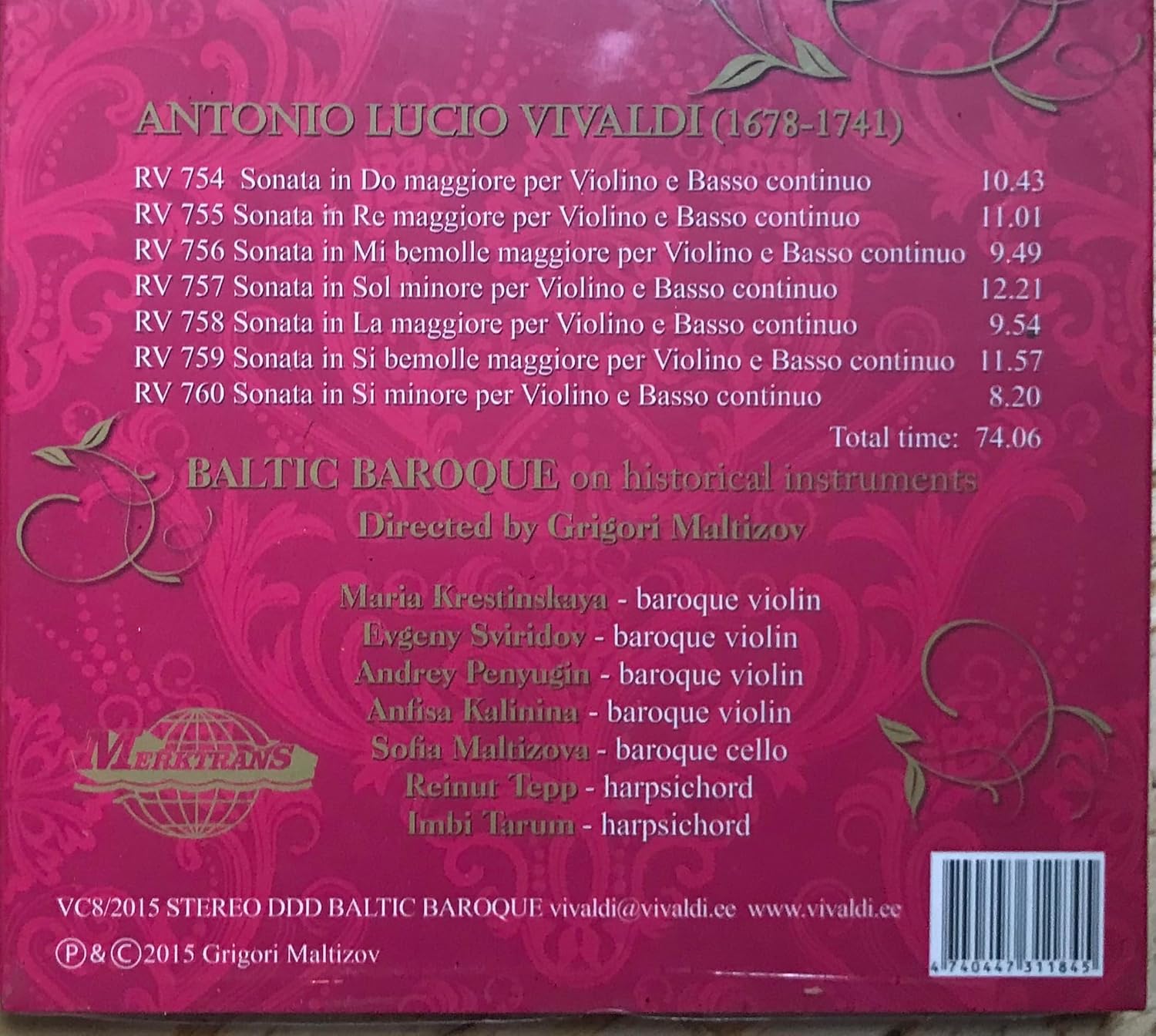 ENSEMBLE BALTIC BAROQUE - MALTIZOV GRIGO - Vivaldi - Violin Sonatas RV754-760 (1 CD)