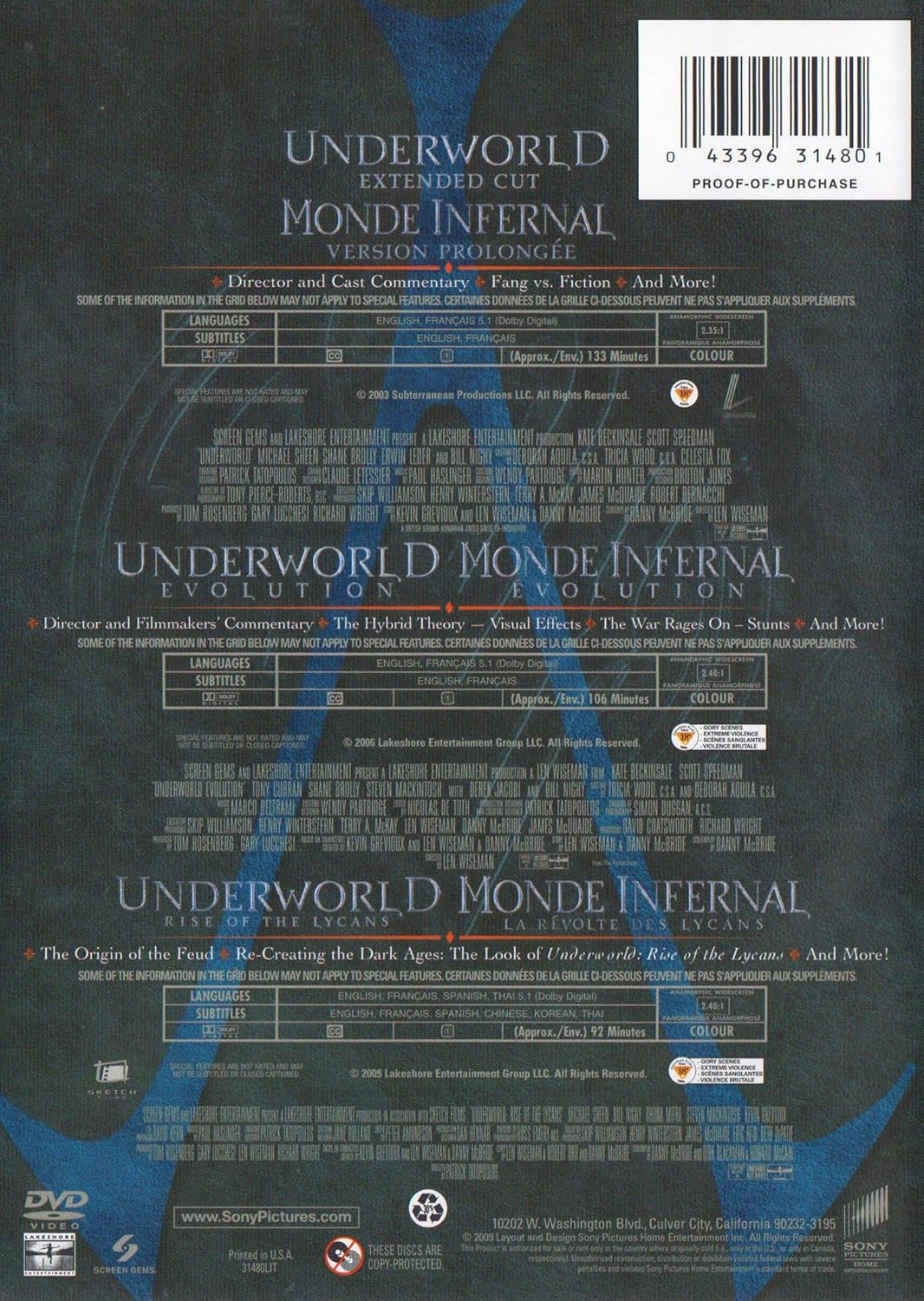 Underworld Trilogy : Underworld / Underworld - Evolution / Underworld - Rise Of The Lycans
